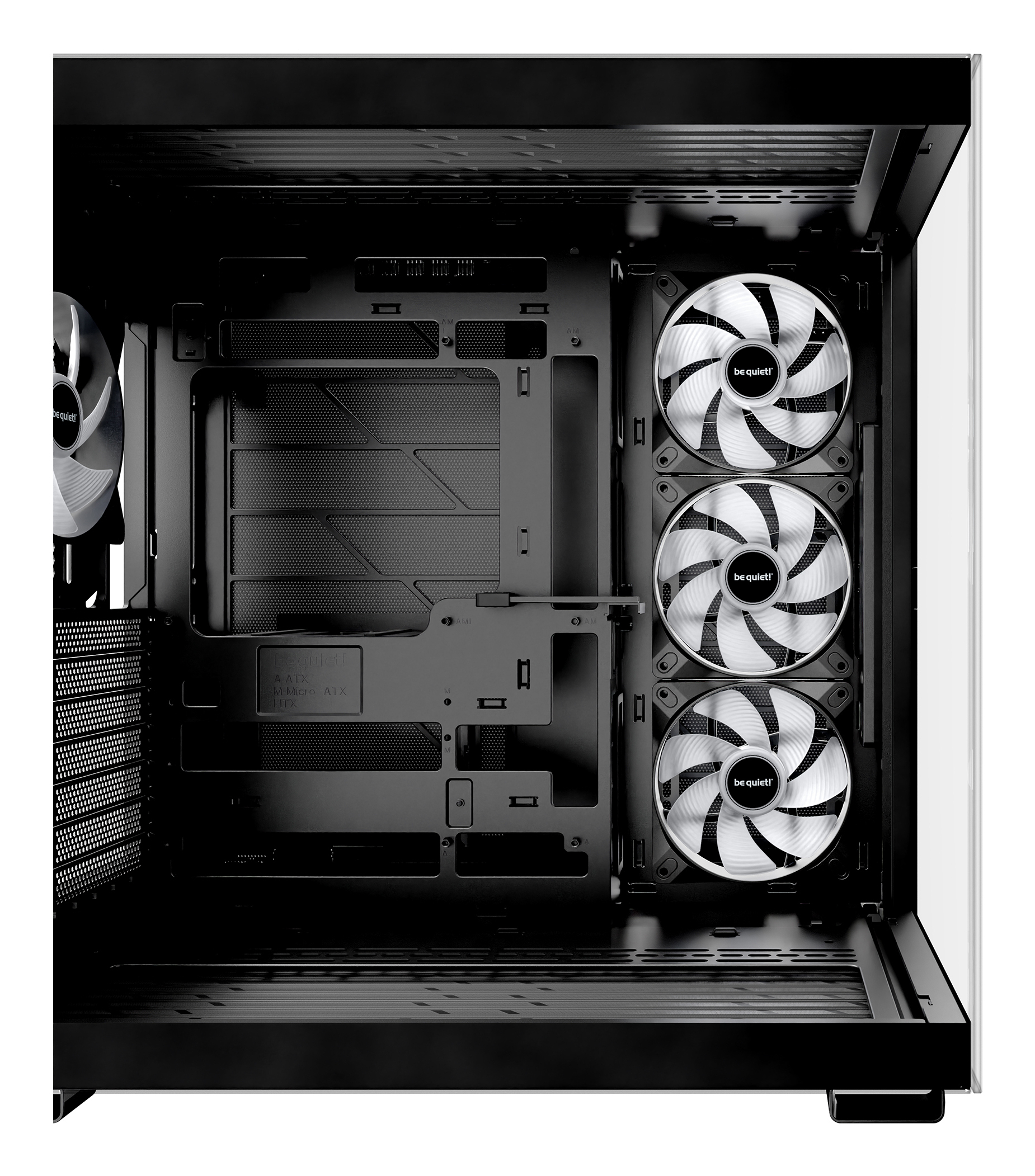 Ein Computergehäuse mit Lüftern, Schwarz und Weiß.
