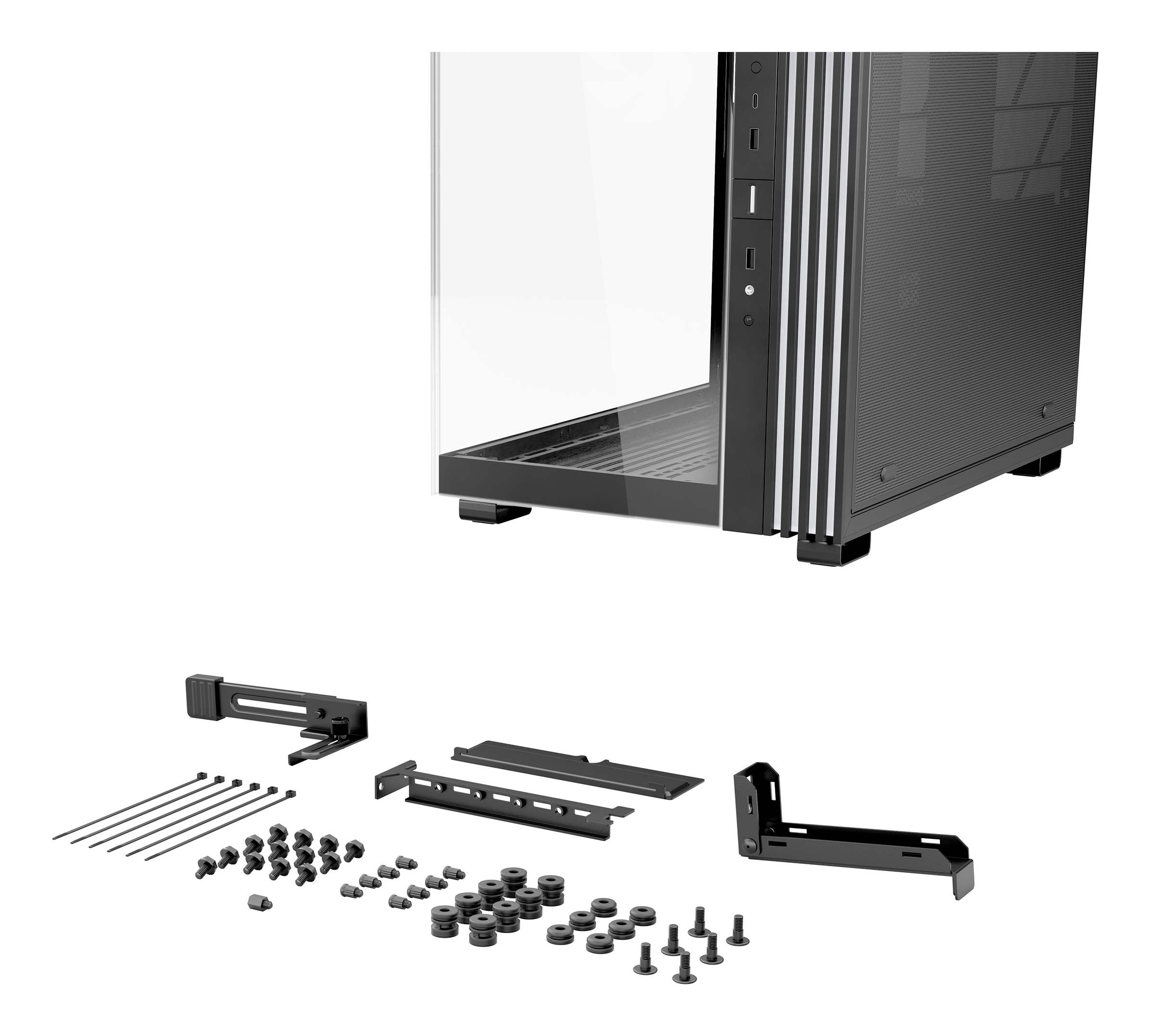 Computergehäuse und Zubehör, einschließlich Halterungen, Schrauben und Kabelbinder.