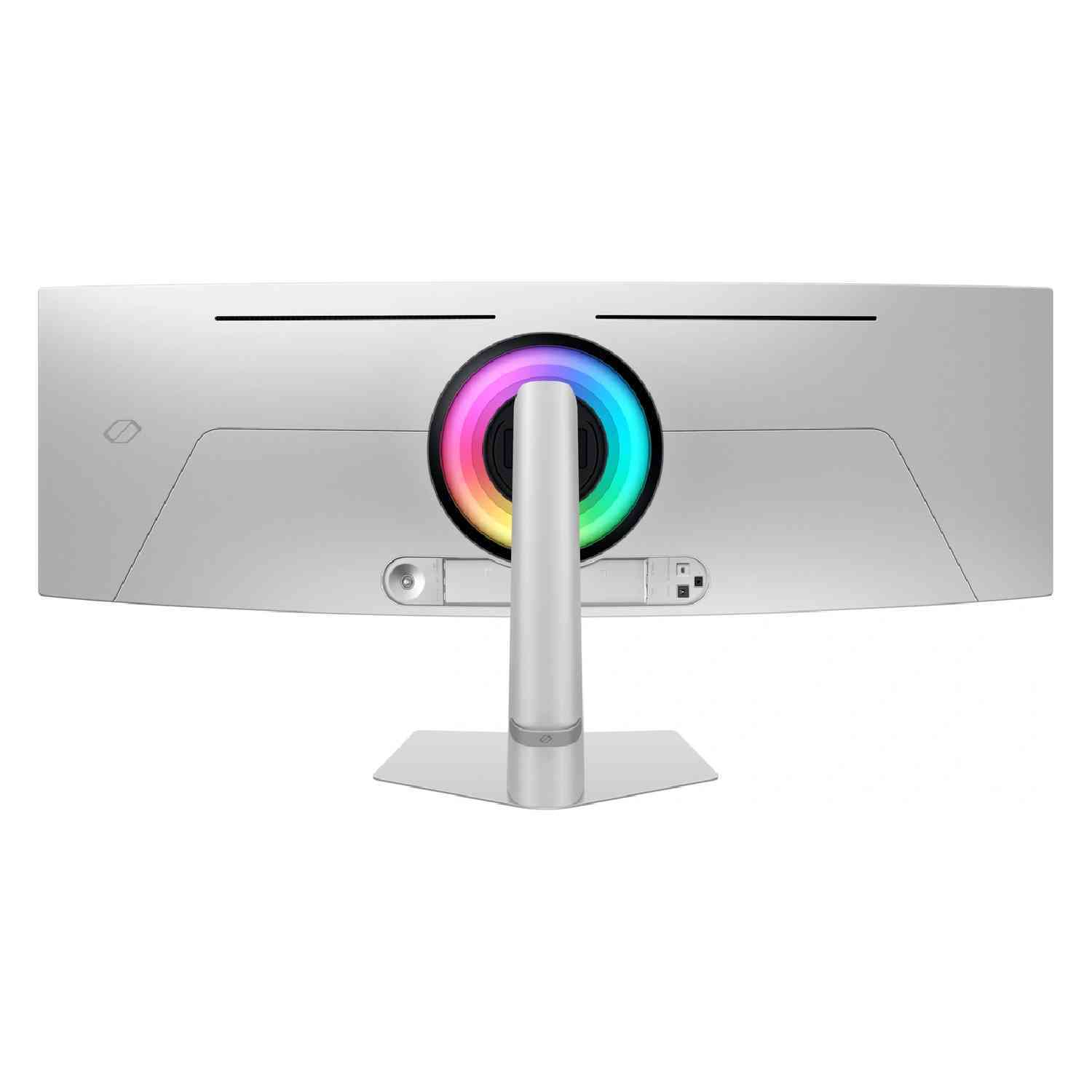 Dos d'un moniteur blanc avec une lumière RVB circulaire. Un support argenté est attaché.