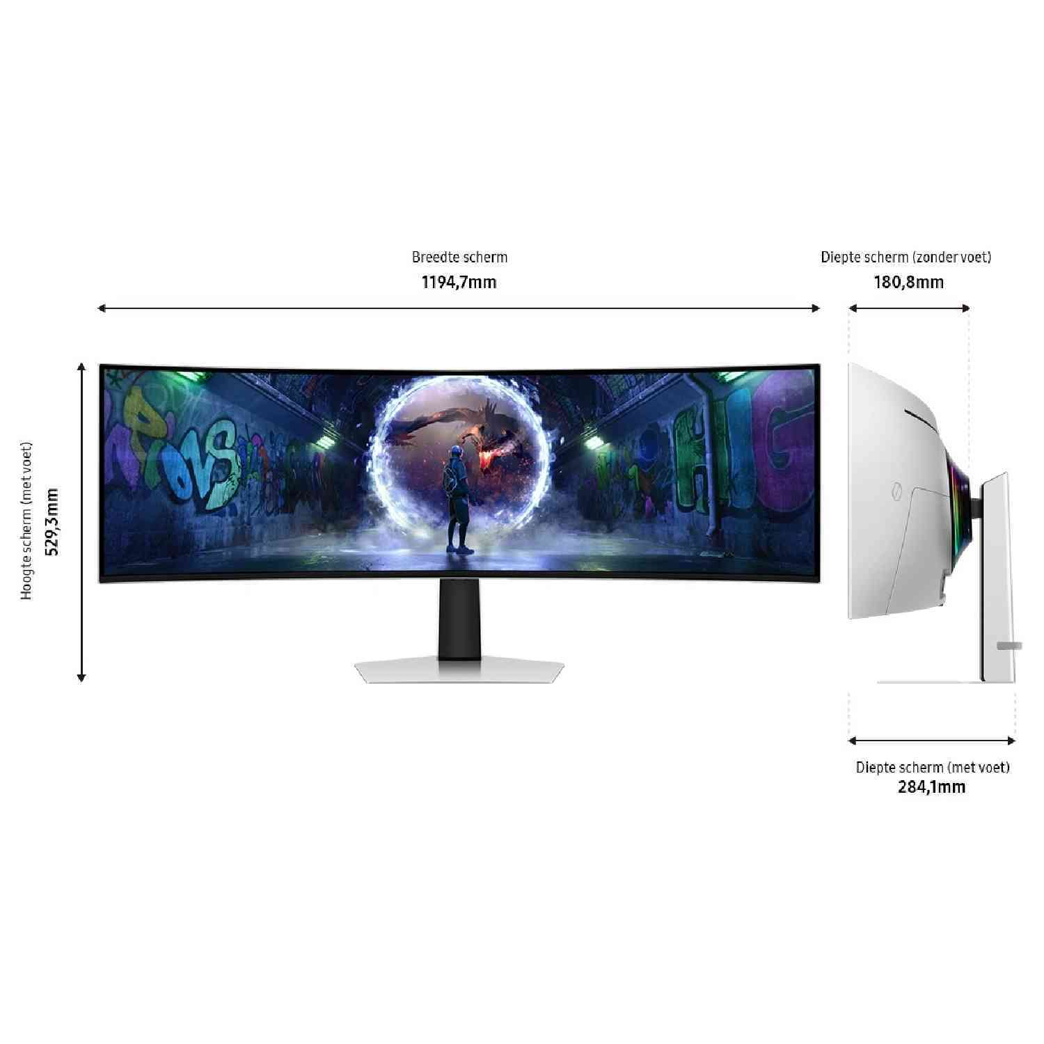 Moniteur incurvé avec scène de jeu à l'écran. Dimensions étiquetées.