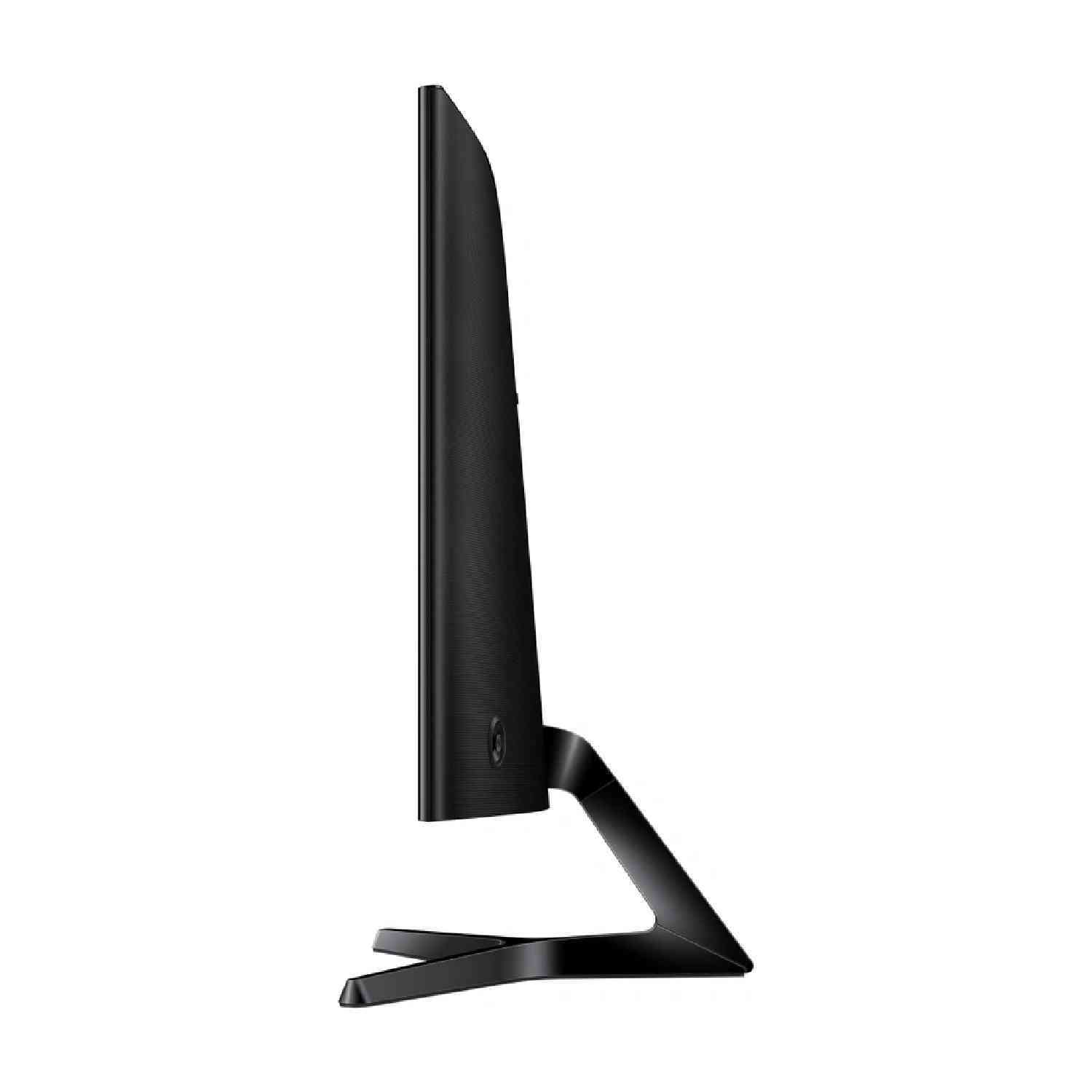 Vue latérale d'un moniteur d'ordinateur noir sur un support. Le moniteur est fin.