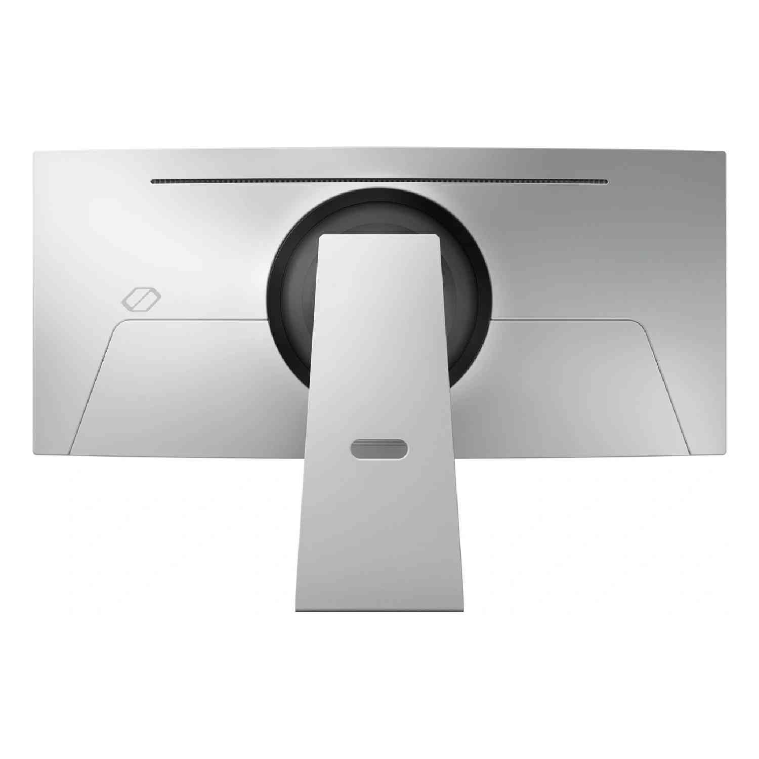 Vue arrière d'un moniteur argenté. Le support est blanc. Le design a un dos incurvé et un support central.
