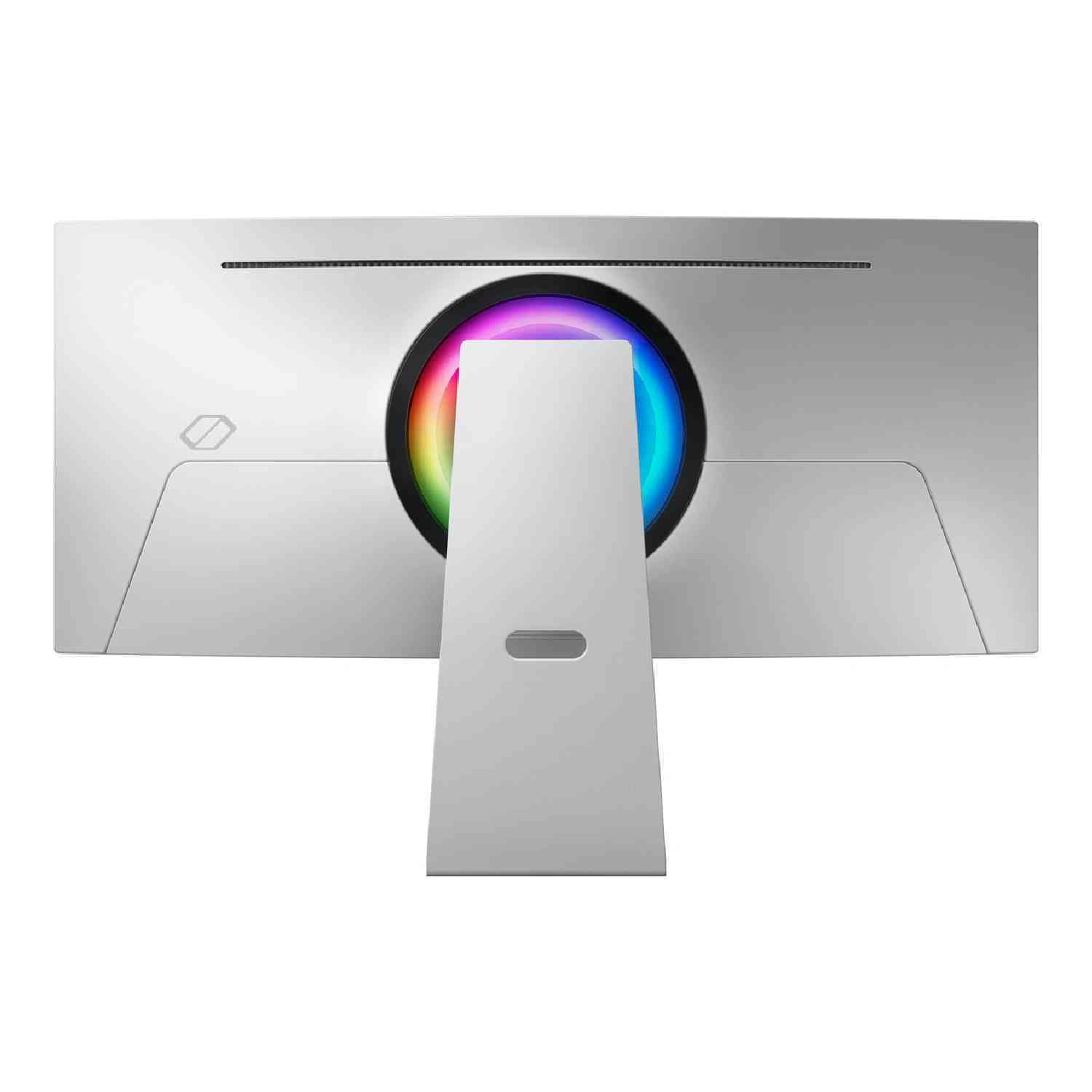Dos d'écran d'ordinateur argenté. Comprend un cercle central avec un anneau lumineux coloré et un support.