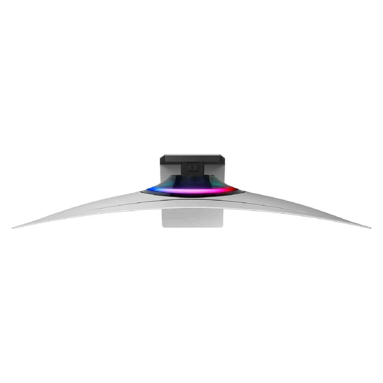 Moniteur incurvé avec un corps blanc et un support. Le dessus a des lumières colorées. Fond blanc.