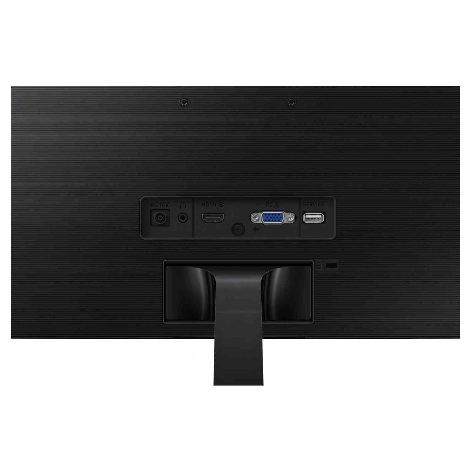 Arrière d'un moniteur noir avec ports DC, HDMI, VGA, USB et de service.