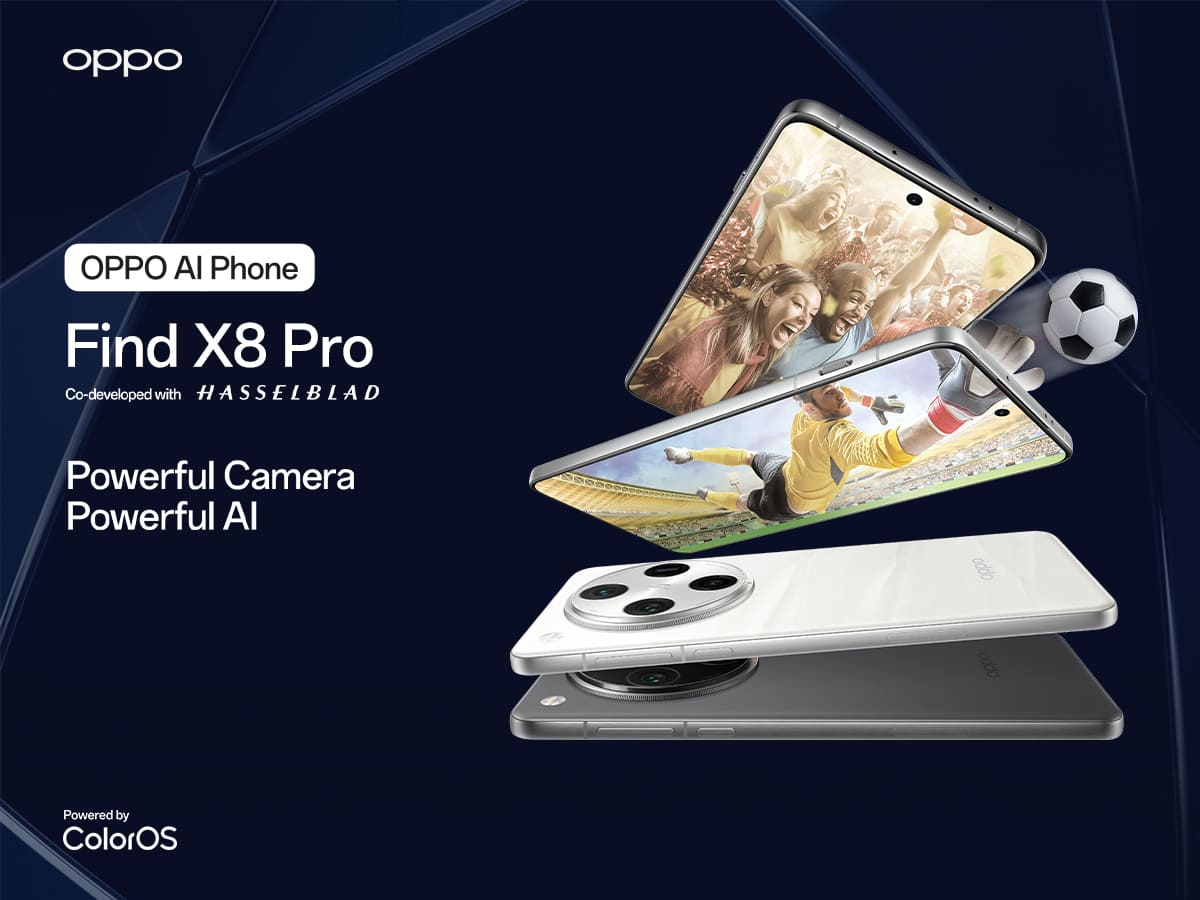 Teléfono Oppo Find X8 Pro con imágenes de personas y un balón de fútbol sobre fondo azul oscuro.