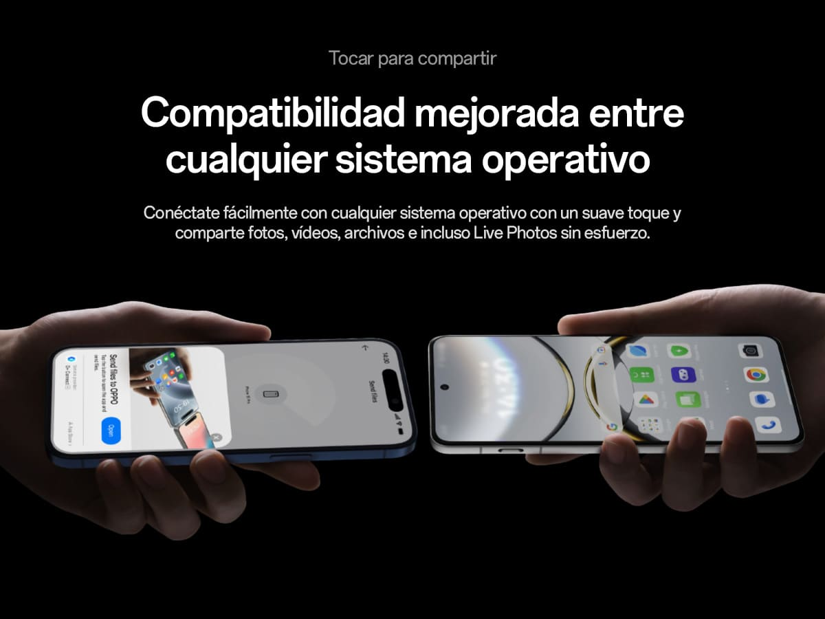 Dos manos sostienen teléfonos, uno azul, otro dorado, con texto sobre compatibilidad entre sistemas operativos.