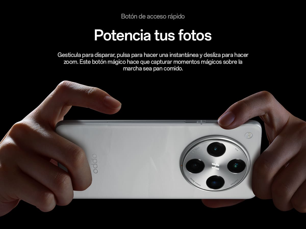 Manos sosteniendo un teléfono blanco con múltiples cámaras. Texto en español sobre funciones.