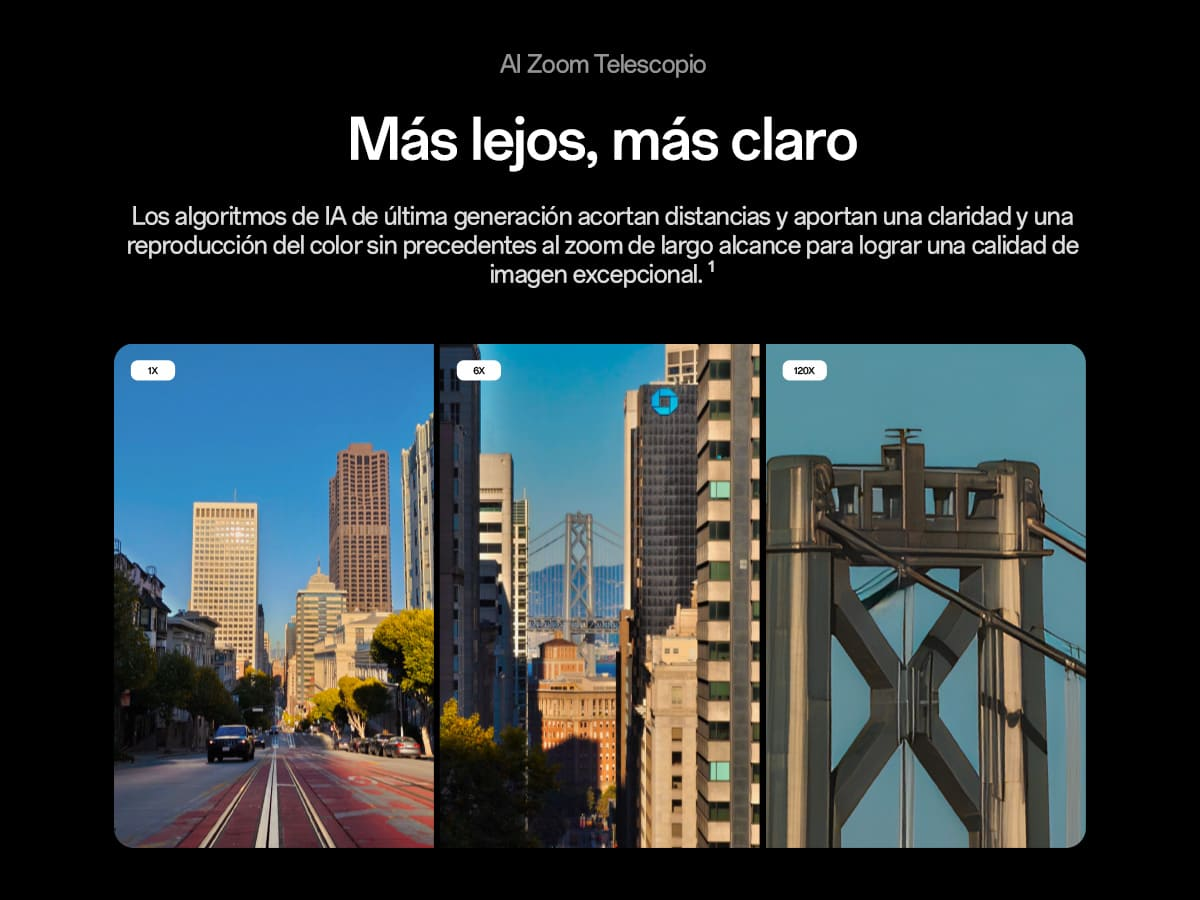 Tres fotos de un paisaje urbano con texto en español que describe el telescopio de zoom de IA.