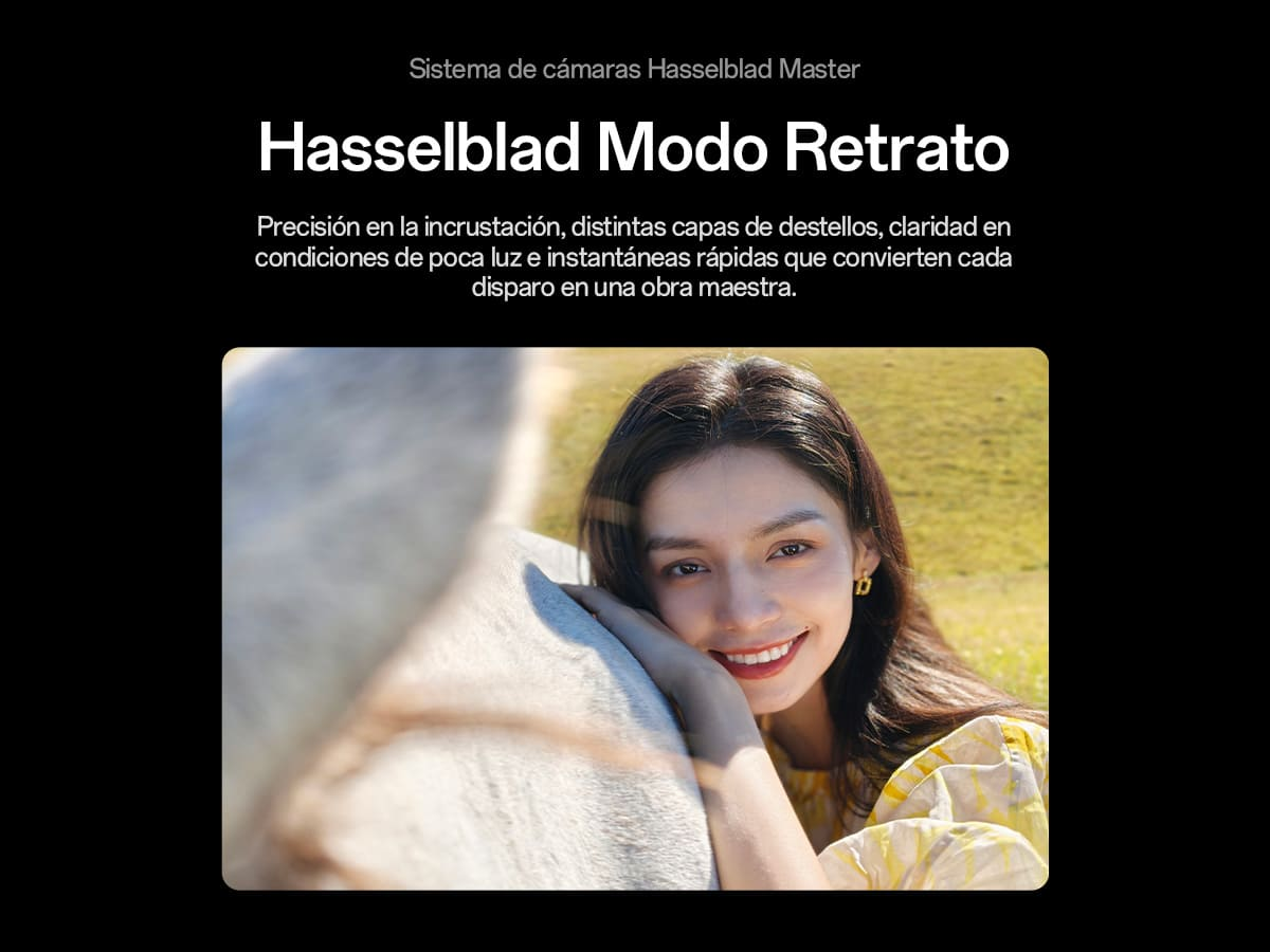 Mujer sonríe, apoyada en la cabeza de un caballo. Texto en español: Modo Retrato Hasselblad.