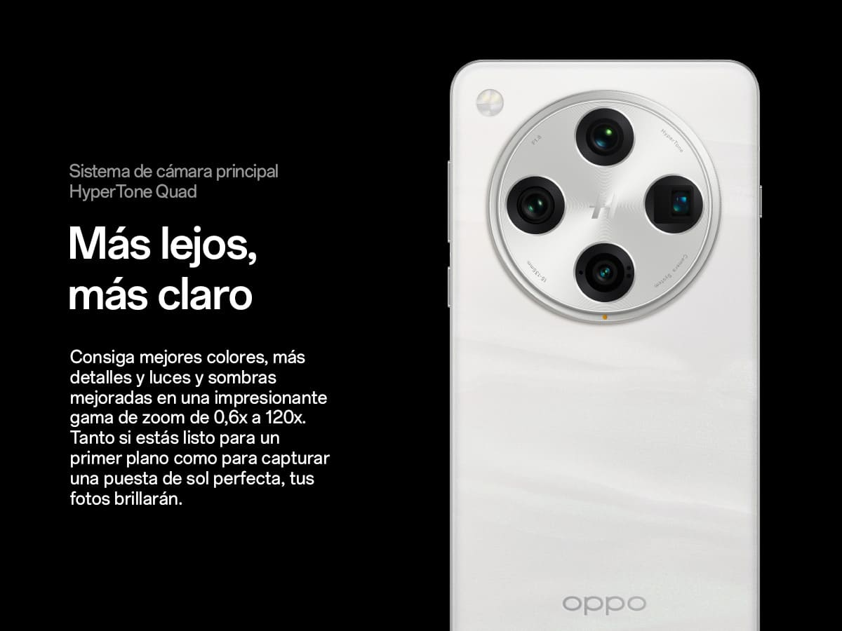 Teléfono inteligente blanco con cuatro cámaras sobre fondo negro.