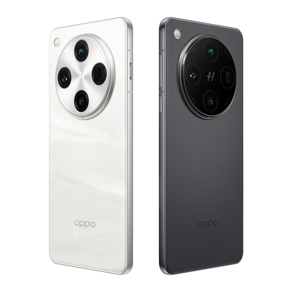 Dos teléfonos, blanco y gris, con varias cámaras. Logotipo de Oppo abajo.