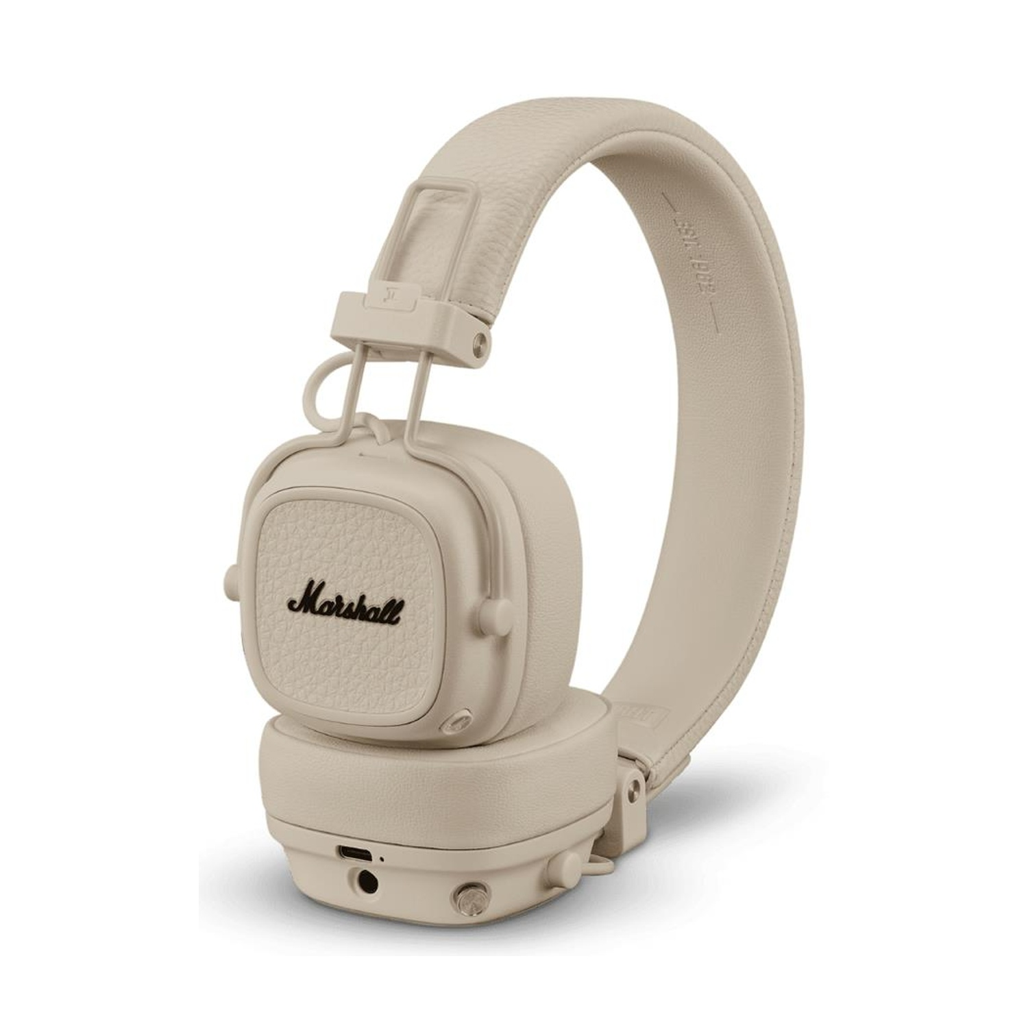Cuffie Marshall beige. La fascia e i padiglioni sono visibili. Sfondo bianco.