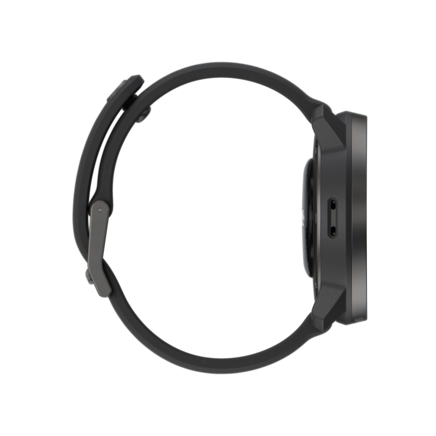 Un smartwatch negro con esfera redonda, visto de lado, con fondo oscuro.