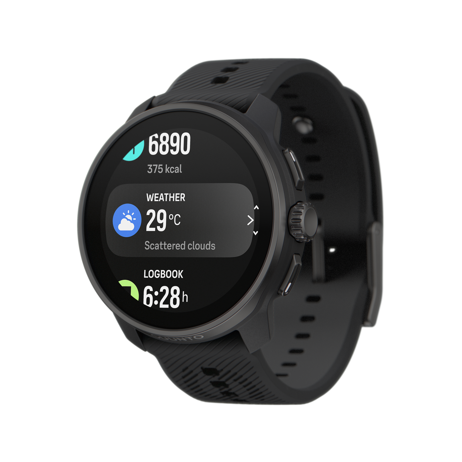 Smartwatch negra mostrando información del tiempo: 29°C y nubes dispersas. También muestra 6:28h Logbook.
