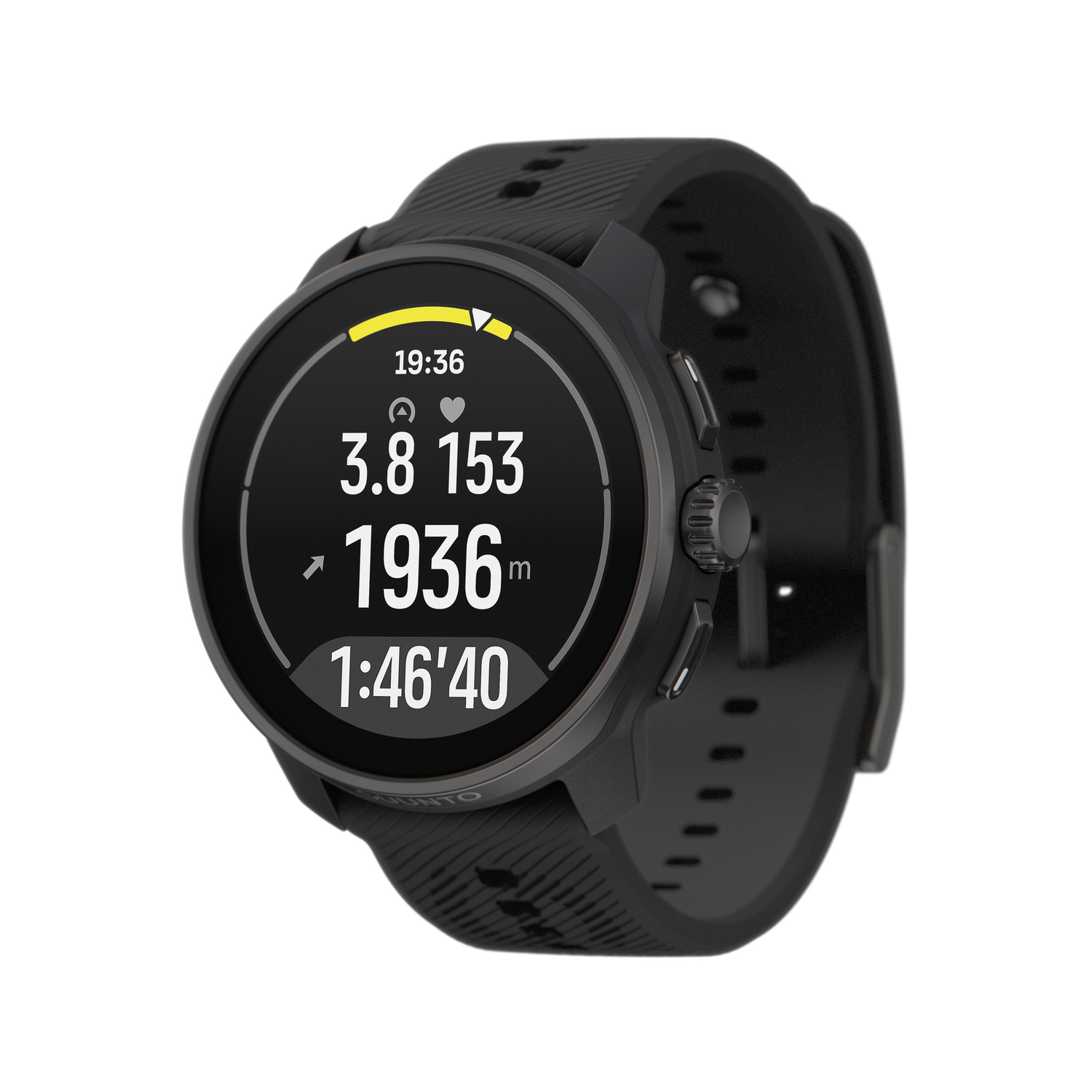 Un reloj inteligente Suunto negro con una esfera redonda, que muestra la hora, altitud y otros datos.