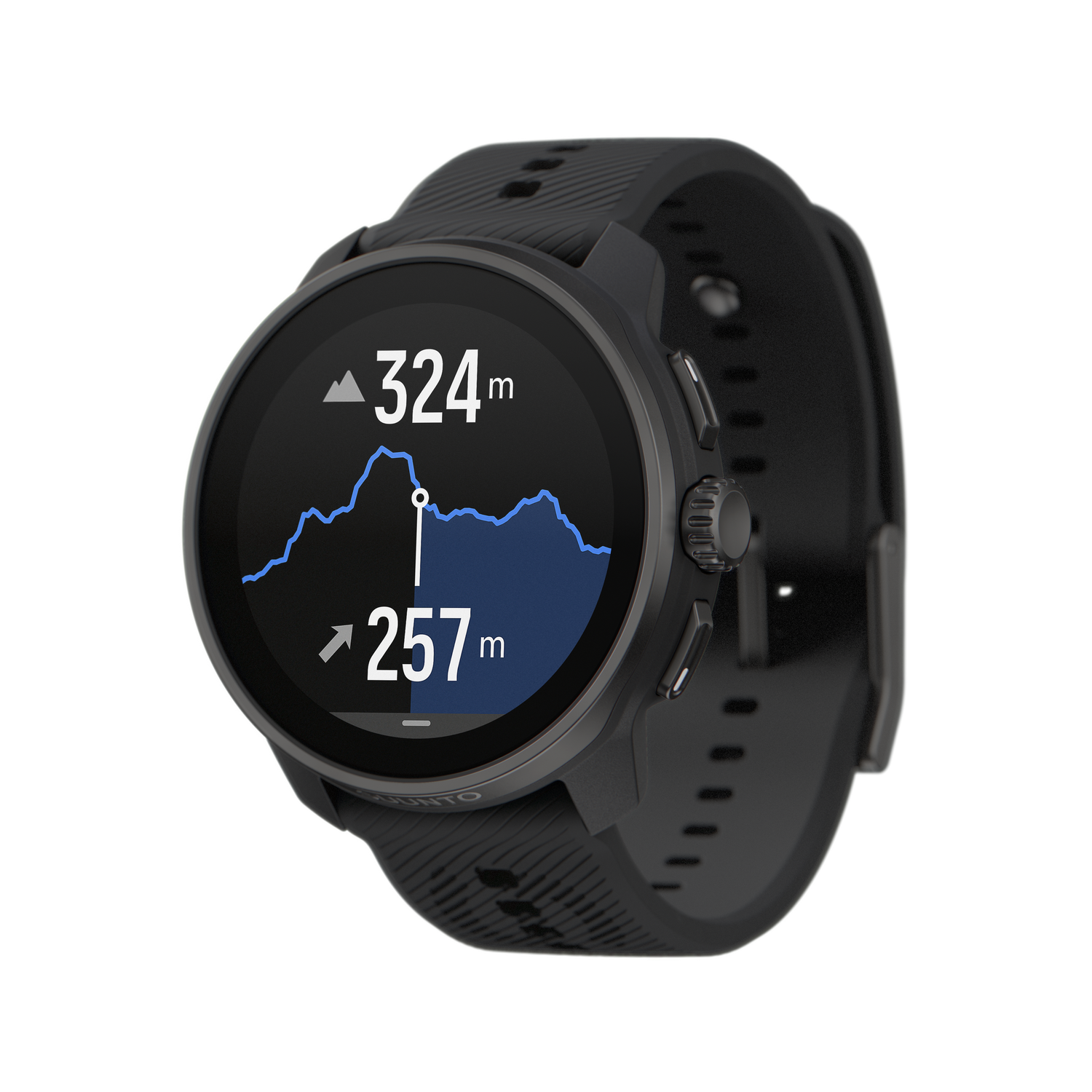 Reloj inteligente negro con datos de elevación. Gráfico azul muestra tendencia ascendente y descendente.