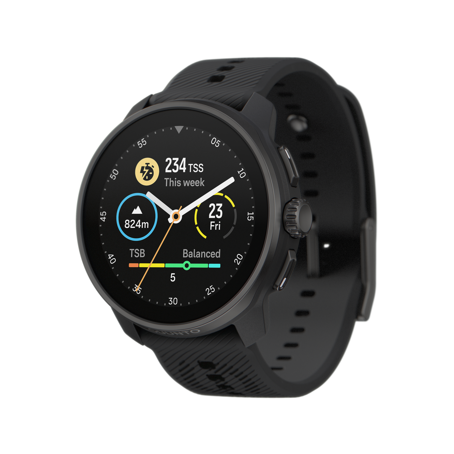 Reloj inteligente negro con esfera redonda que muestra datos. Correa negra con logo Suunto.