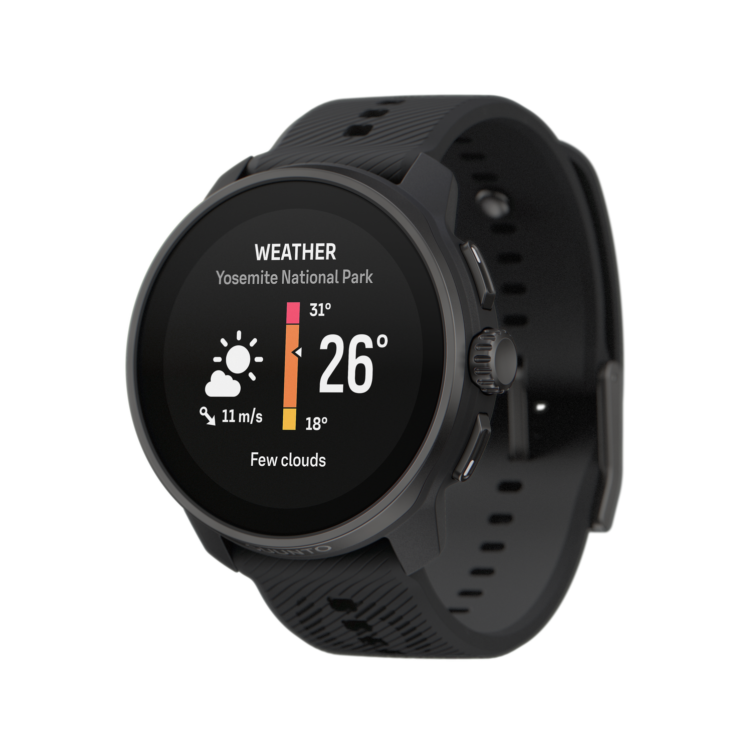Smartwatch que muestra el clima del Parque Nacional de Yosemite. Muestra temperatura, velocidad del viento y nubosidad.