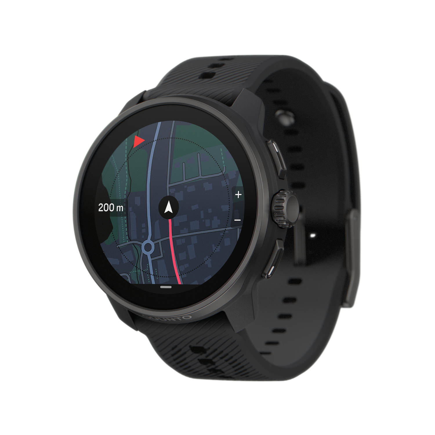 Un reloj inteligente negro que muestra un mapa con una línea roja, que indica una ruta. El reloj tiene una correa negra.