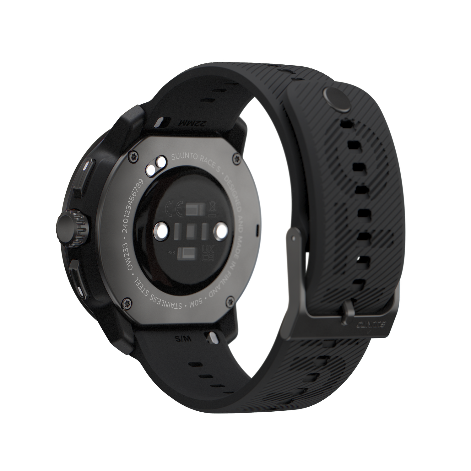 Reloj inteligente Suunto Race S negro con correa negra, mostrando la parte trasera con detalles como 'Made in Finland'.