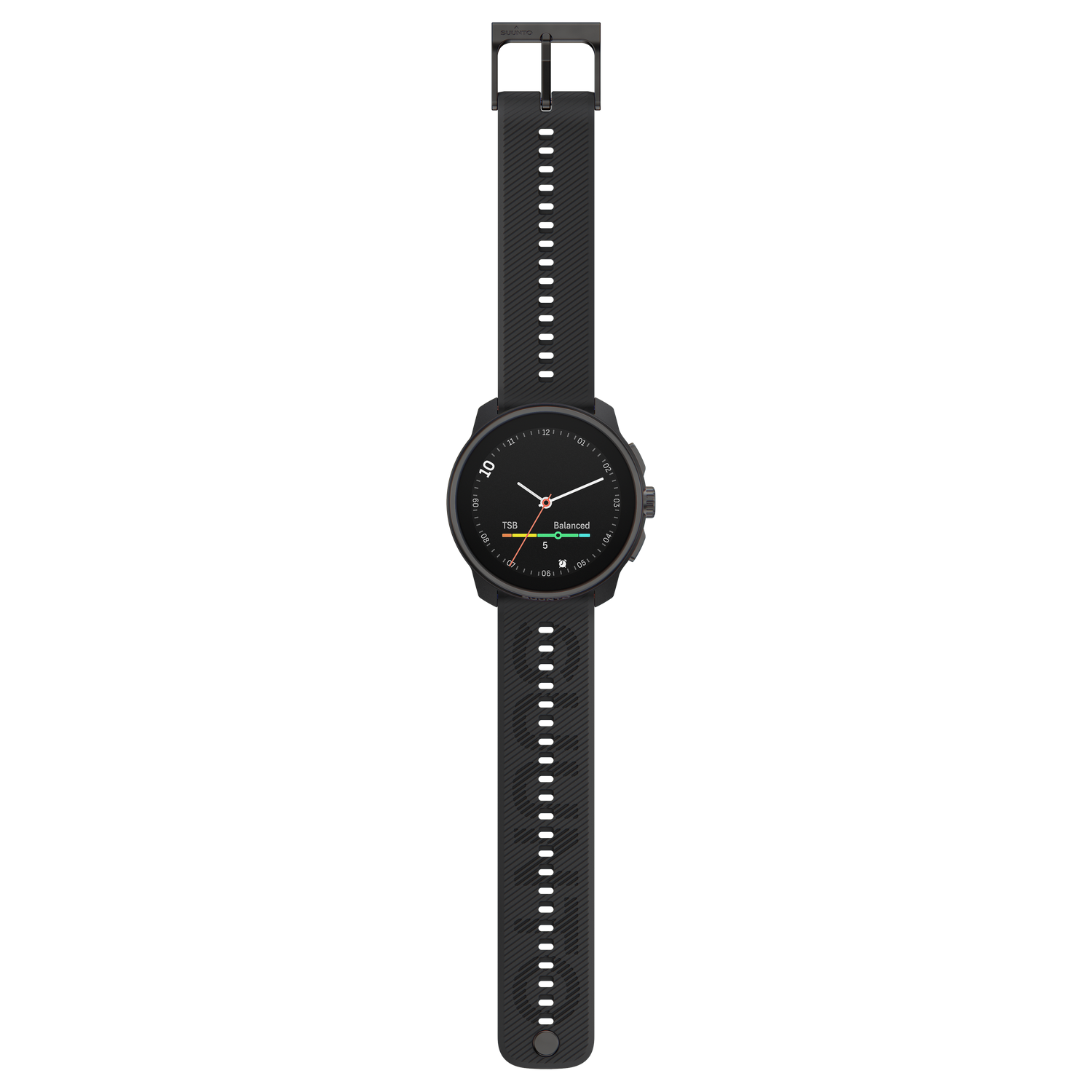 Reloj inteligente negro con esfera redonda y correa negra, sobre fondo negro.