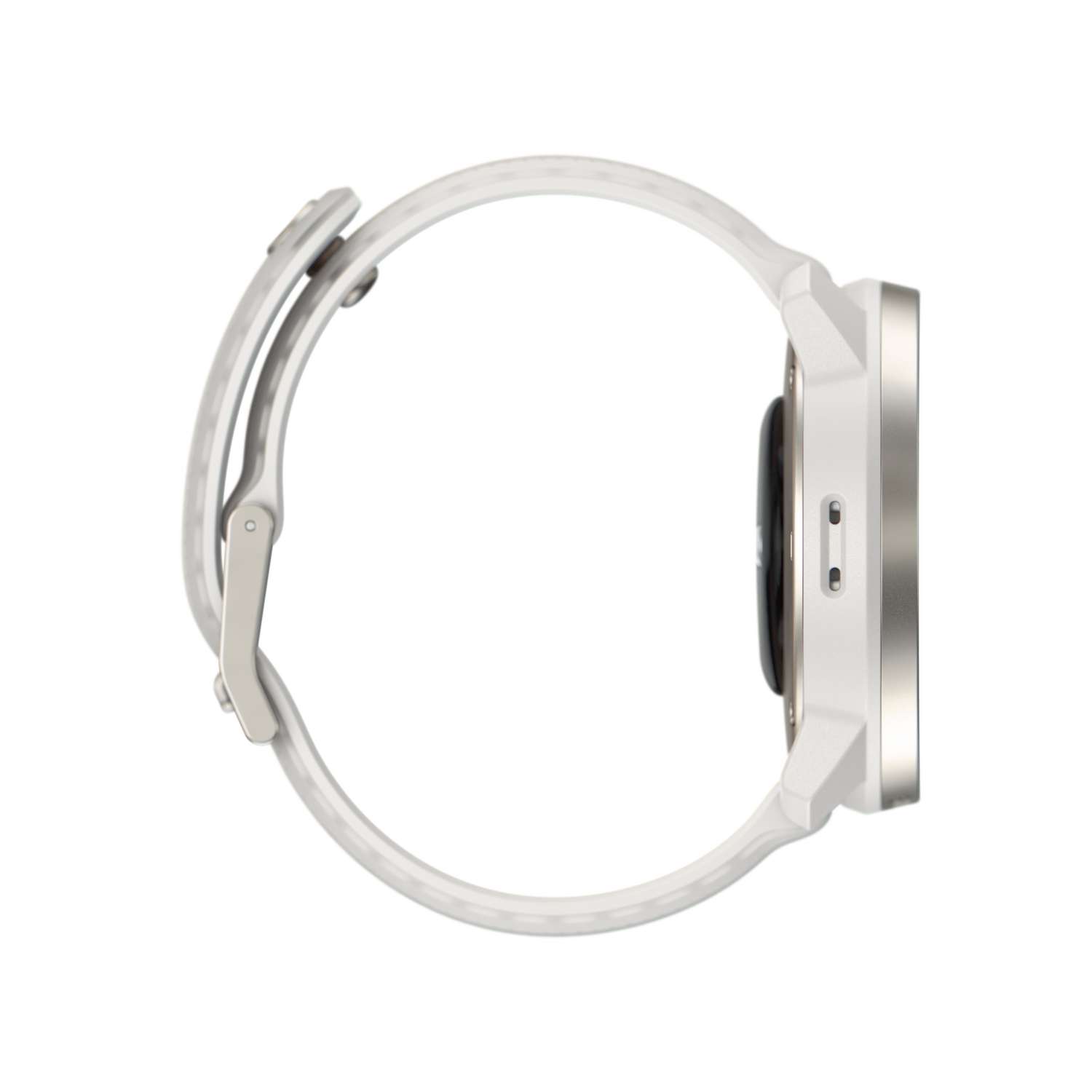 Vista lateral de reloj inteligente blanco. Bisel plateado, correa blanca, fondo negro. Diseño minimalista.