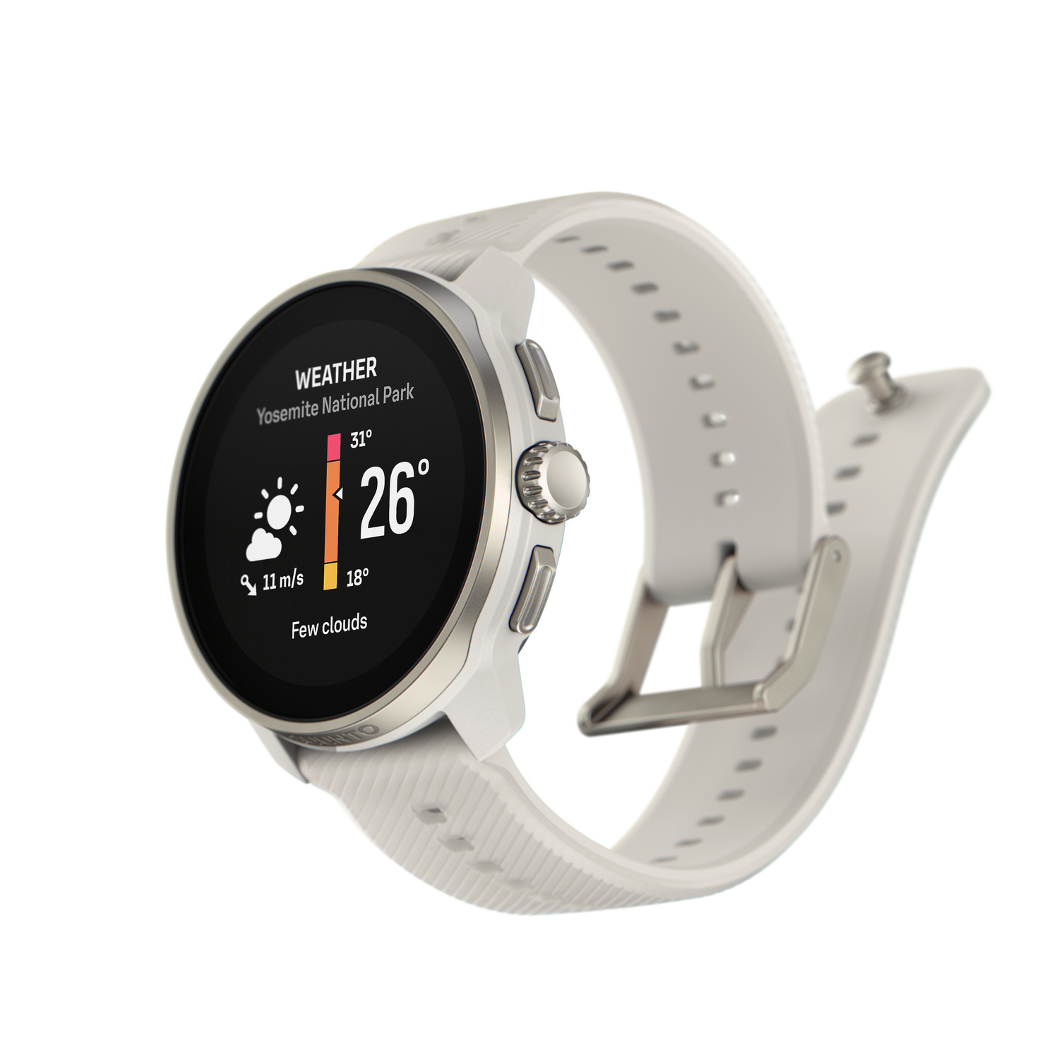 Un reloj inteligente blanco con una correa blanca. La pantalla muestra detalles del tiempo.