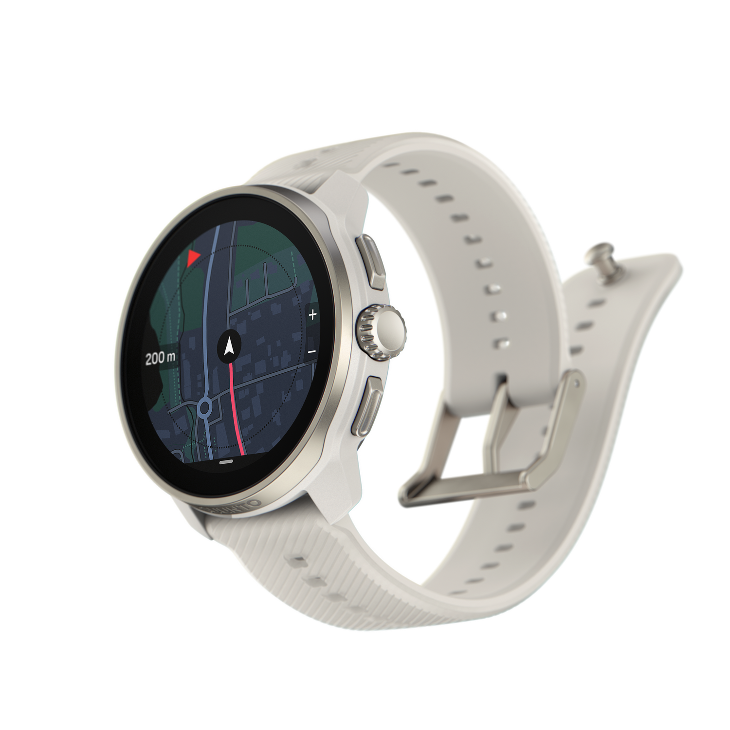 Smartwatch blanca con pantalla de mapa, correa blanca y bisel plateado, sobre fondo negro.