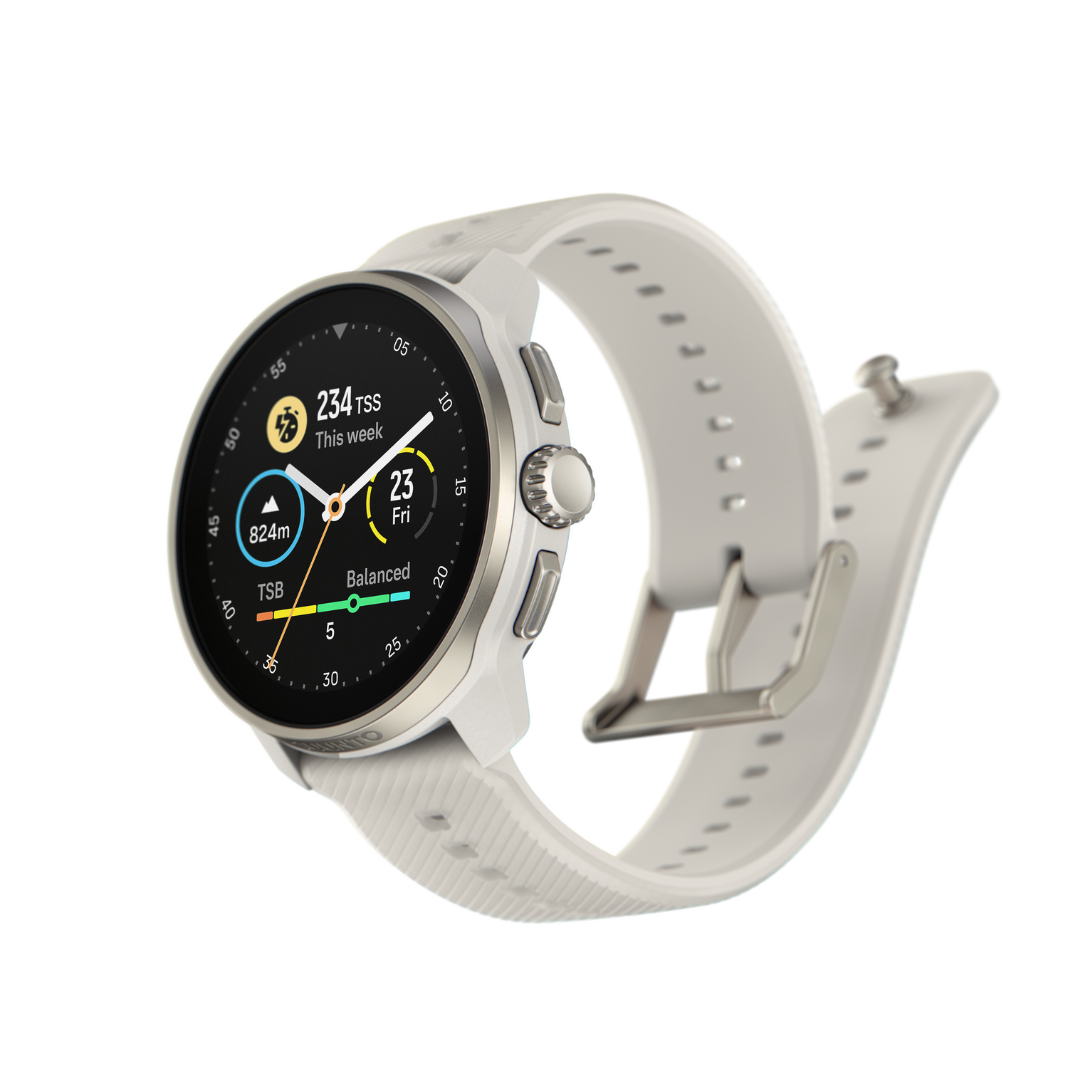 Reloj inteligente blanco con correa blanca, pantalla negra con métricas.