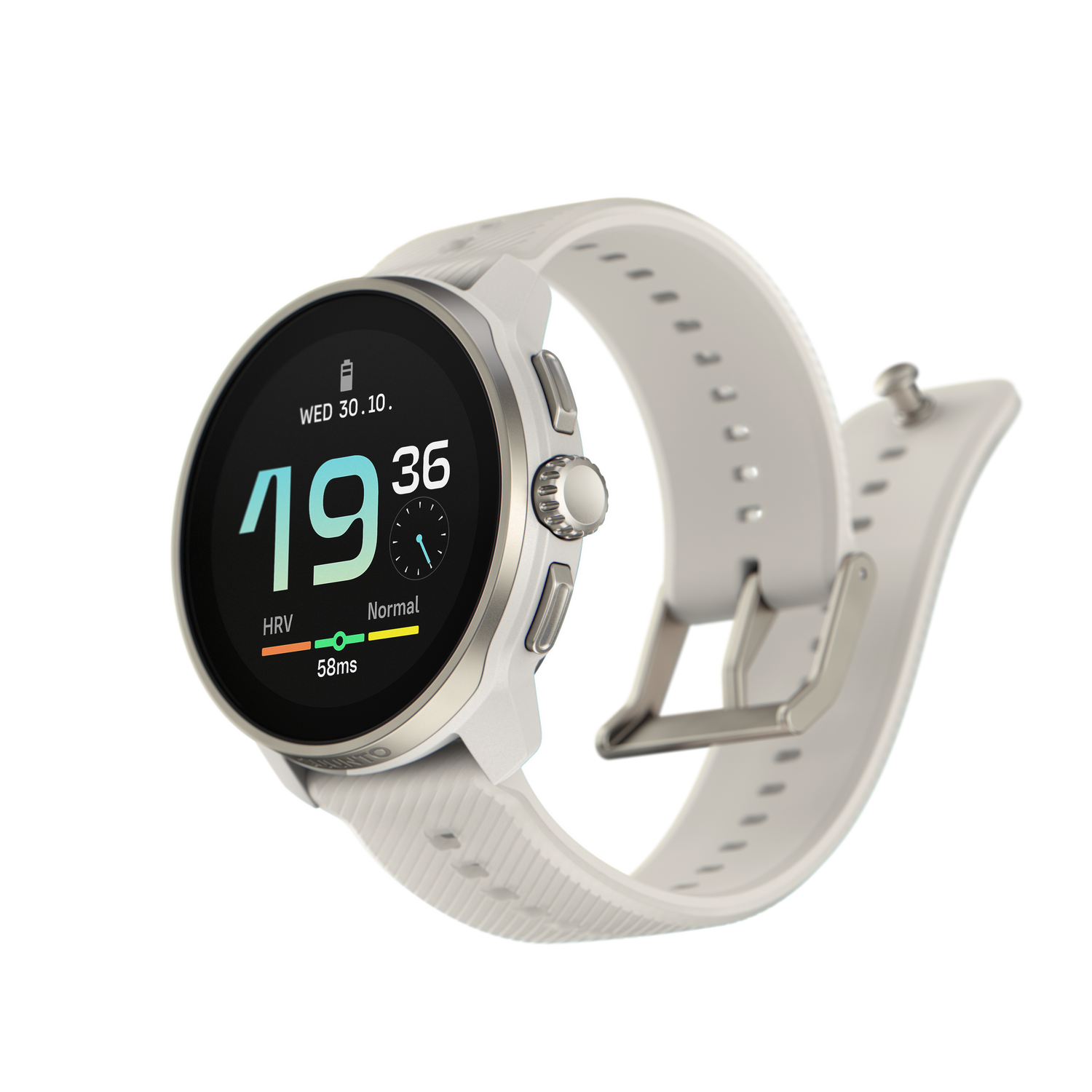 Un reloj inteligente blanco y plateado con una correa blanca, que muestra la hora y los datos.
