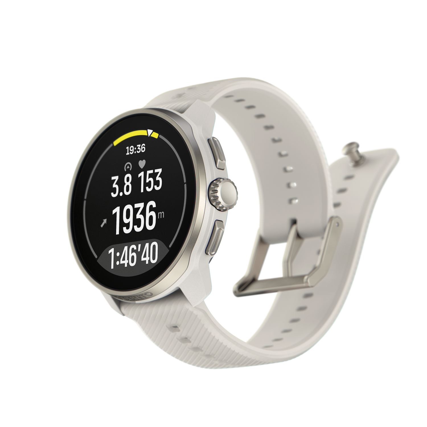 Smartwatch blanca con correa blanca, mostrando tiempo, distancia y frecuencia cardíaca.