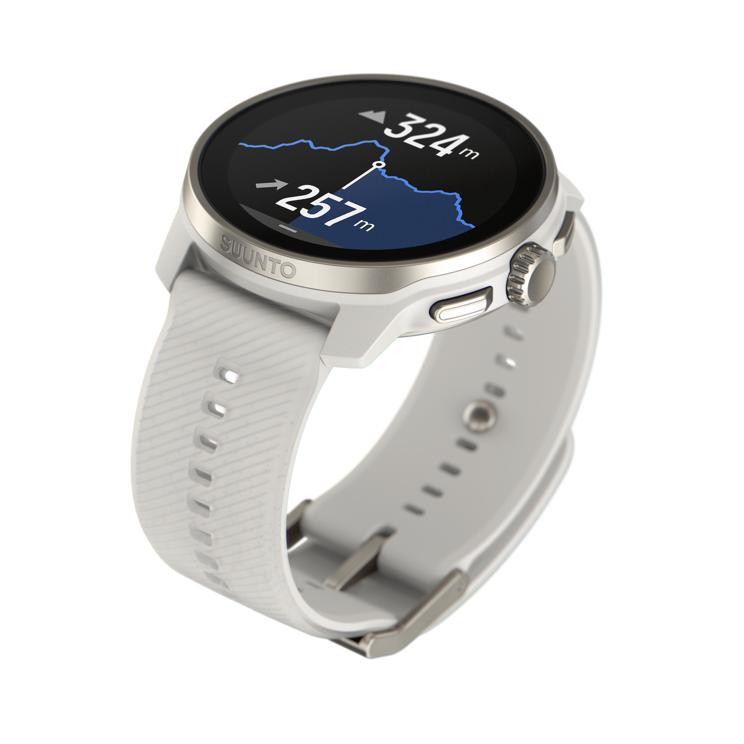 Smartwatch blanca con correa blanca, que muestra un mapa y datos de altitud.