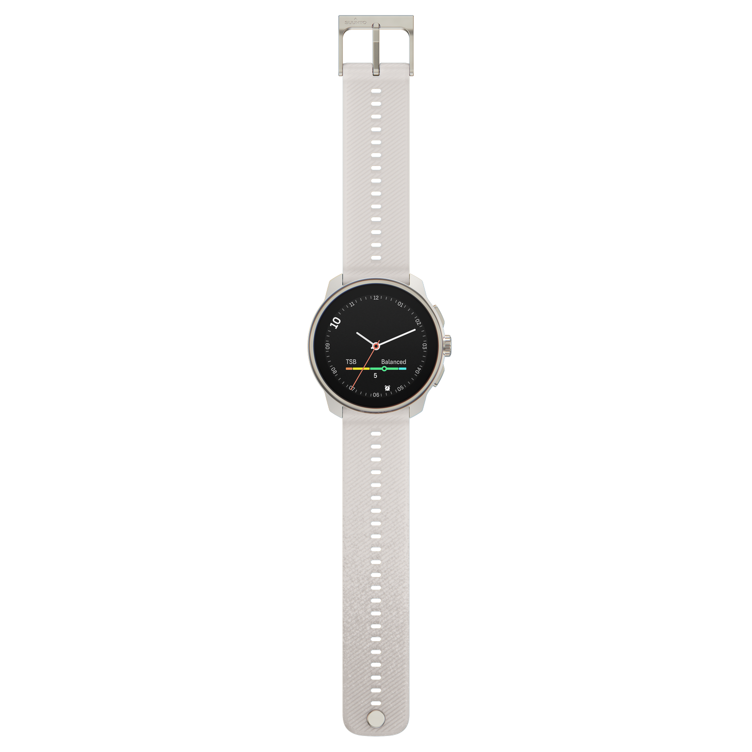 Reloj inteligente blanco sobre fondo negro. Muestra la hora y métricas de salud.