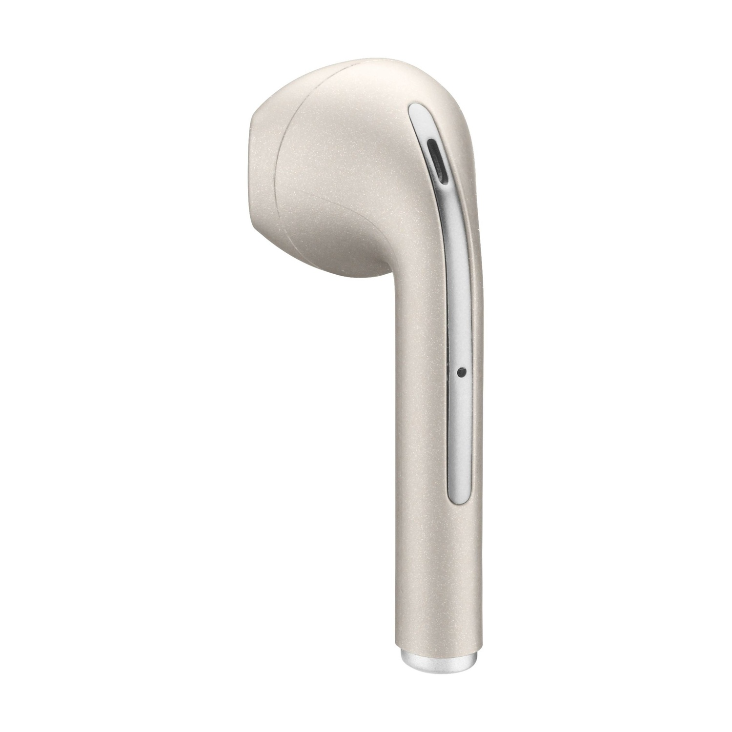 Un singolo auricolare color oro, leggermente angolato, con un accento argentato e un piccolo microfono.