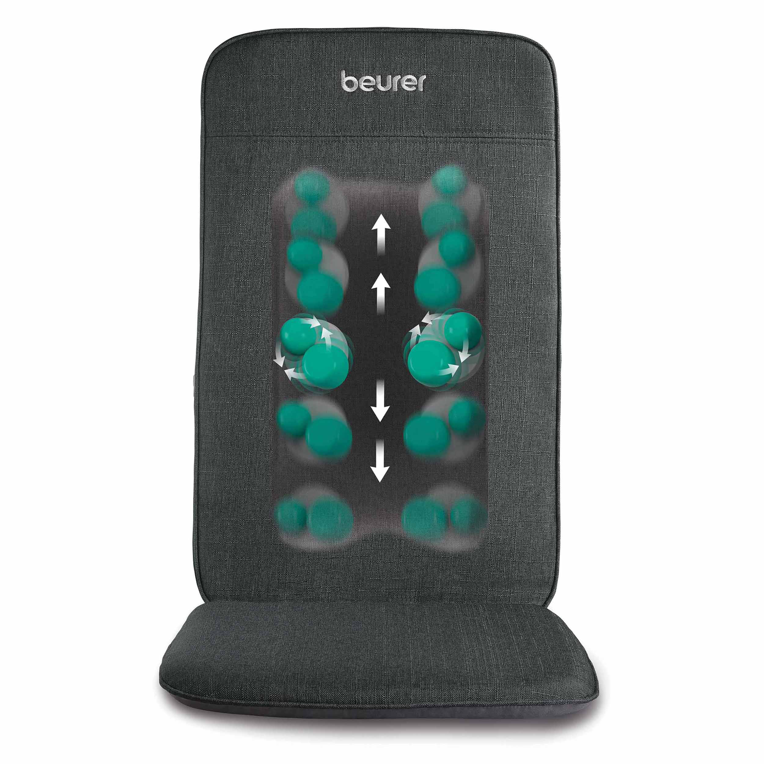 Graues Massage-Stuhlkissen mit blauen Massageknoten und Pfeilen, die die Massagebewegung anzeigen.