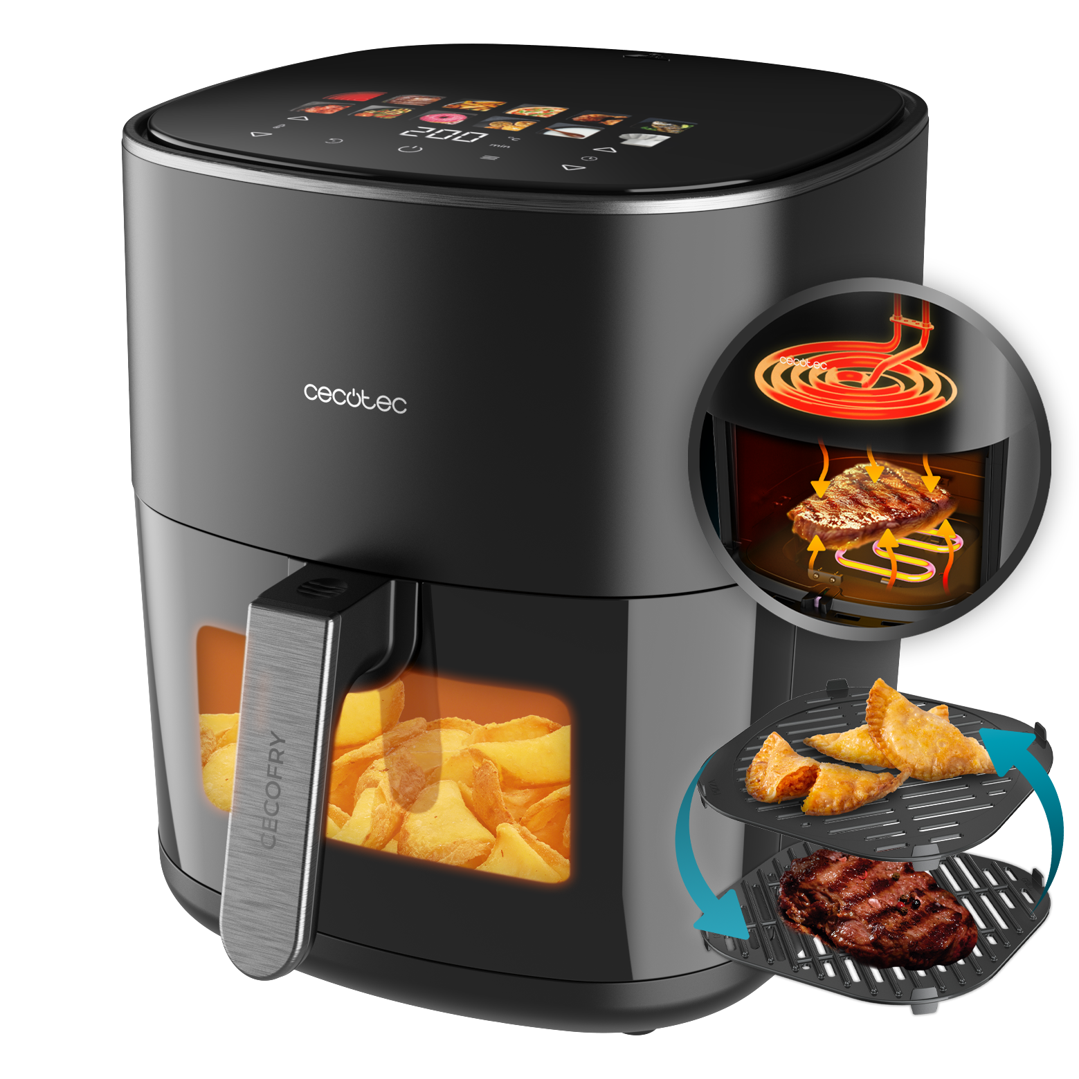Freidora de aire negra con ventana transparente. Muestra papas fritas y un bistec cocinándose. Panel control.