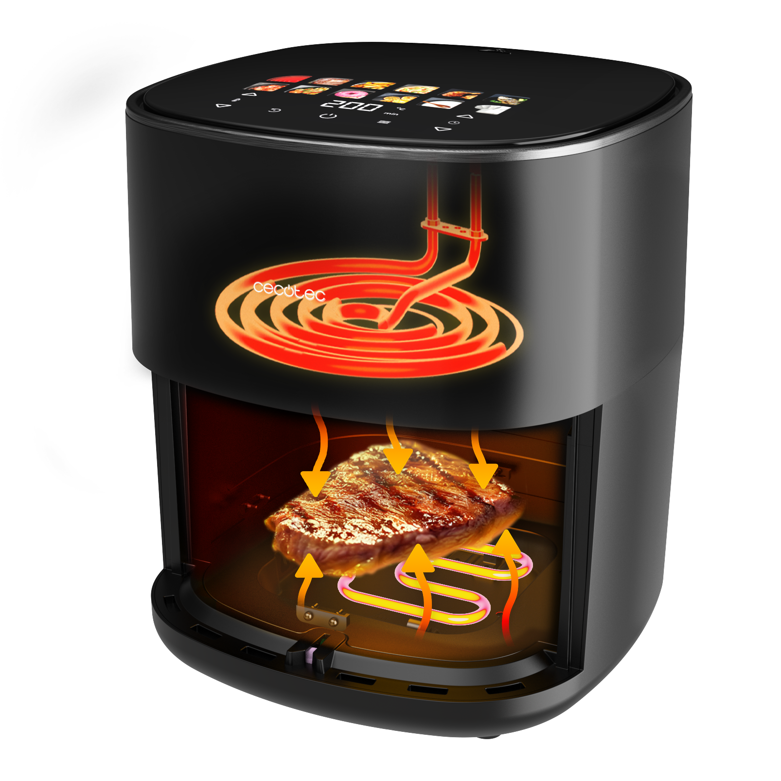Freidora de aire: electrodoméstico negro con un bistec cocinándose y elementos que muestran calor.