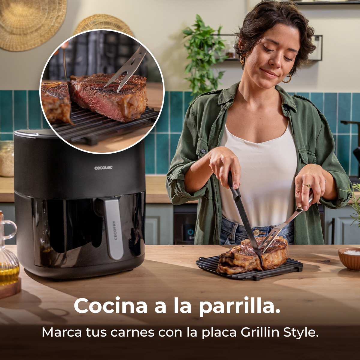 Una mujer cortando bistec en una parrilla, con una freidora y texto.
