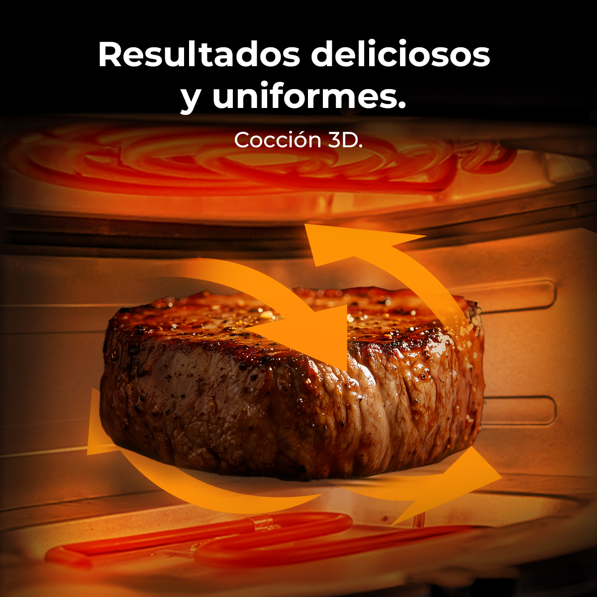 Un filete se cocina en un horno, con flechas que ilustran el proceso de cocción 3D para resultados uniformes.