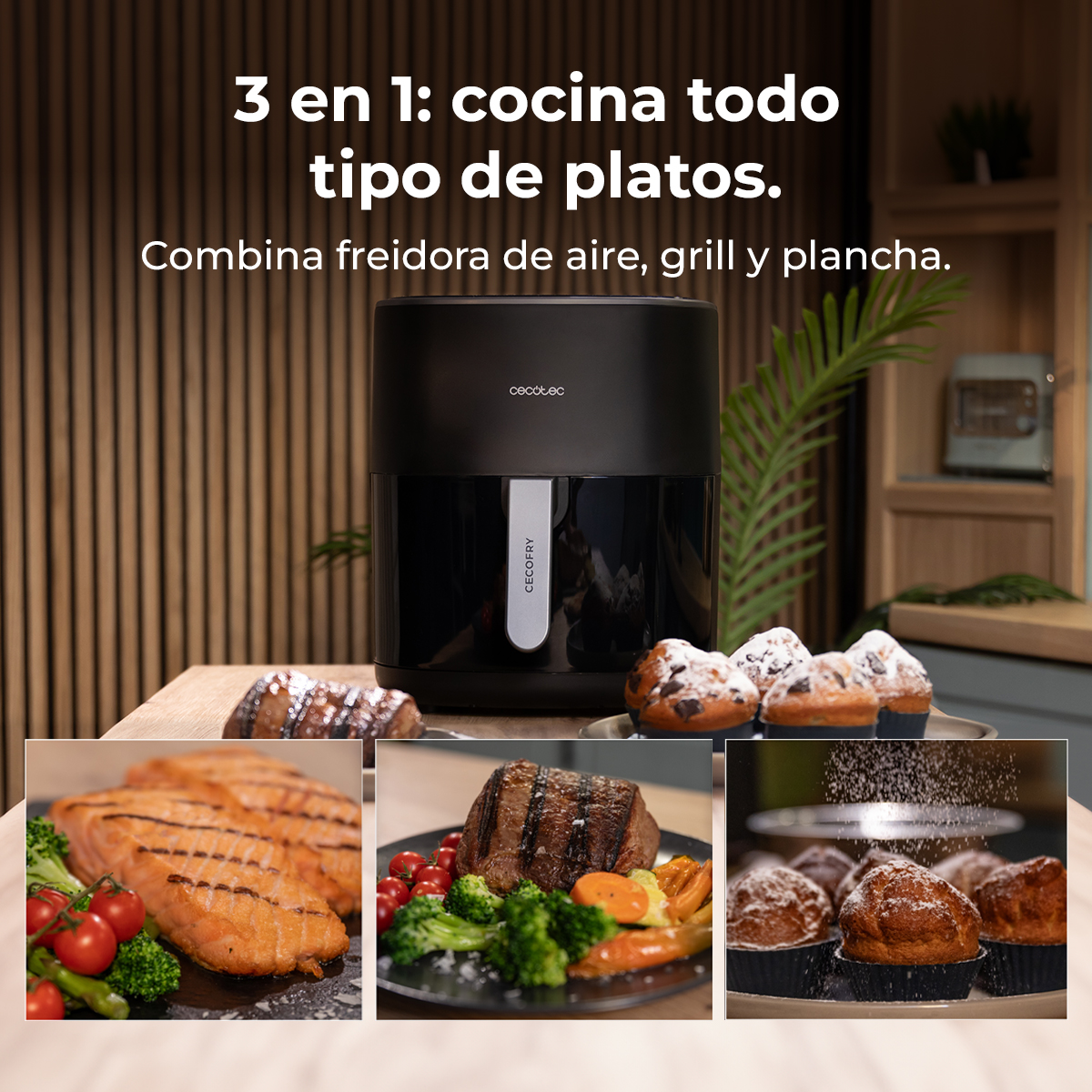 Una freidora de aire con varios alimentos. Salmón, bistec, magdalenas y verduras. Un entorno de cocina.
