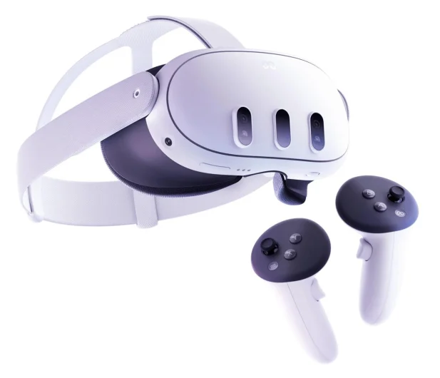 Biały zestaw VR z kontrolerami na białym tle. Zestaw ma trzy soczewki i dwa kontrolery z przyciskami.