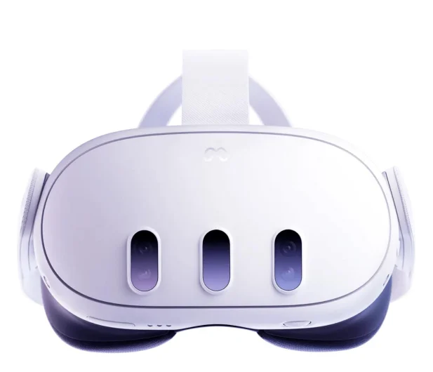Biały zestaw VR z trzema przednimi soczewkami. Posiada pasek na głowę i słuchawki, o czystym, minimalistycznym designie.
