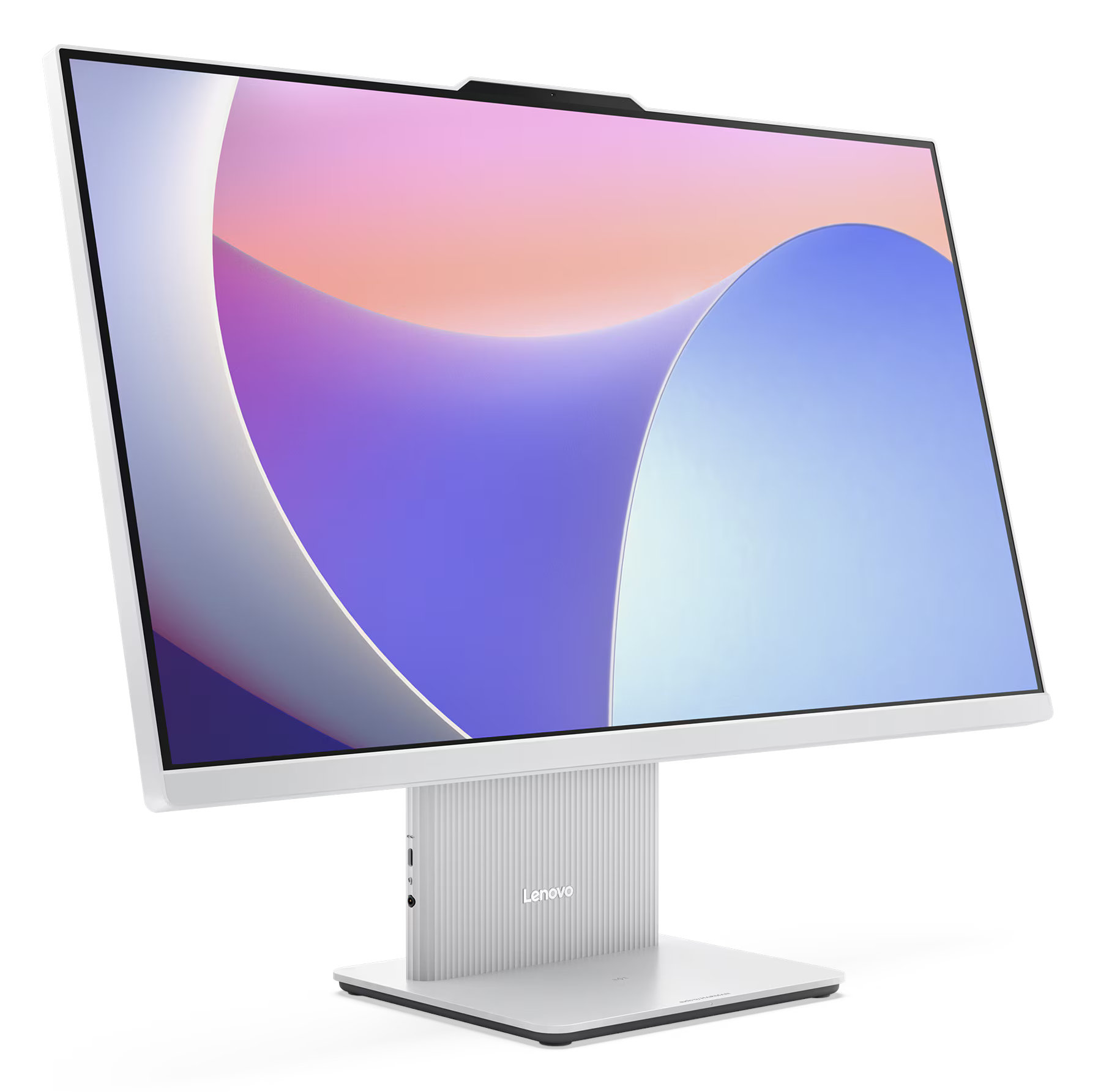 Biały i srebrny monitor komputera z wbudowaną kamerą, stojący na podstawie.