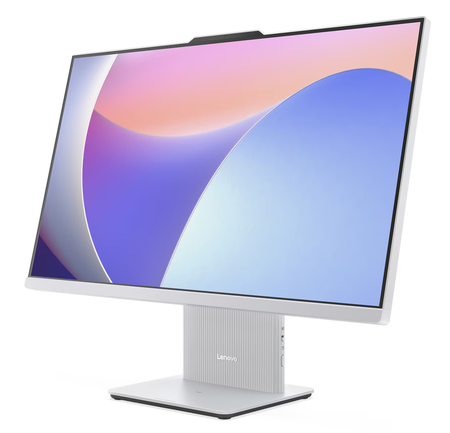 Biało-szary monitor komputera z zakrzywionym ekranem i logo Lenovo.