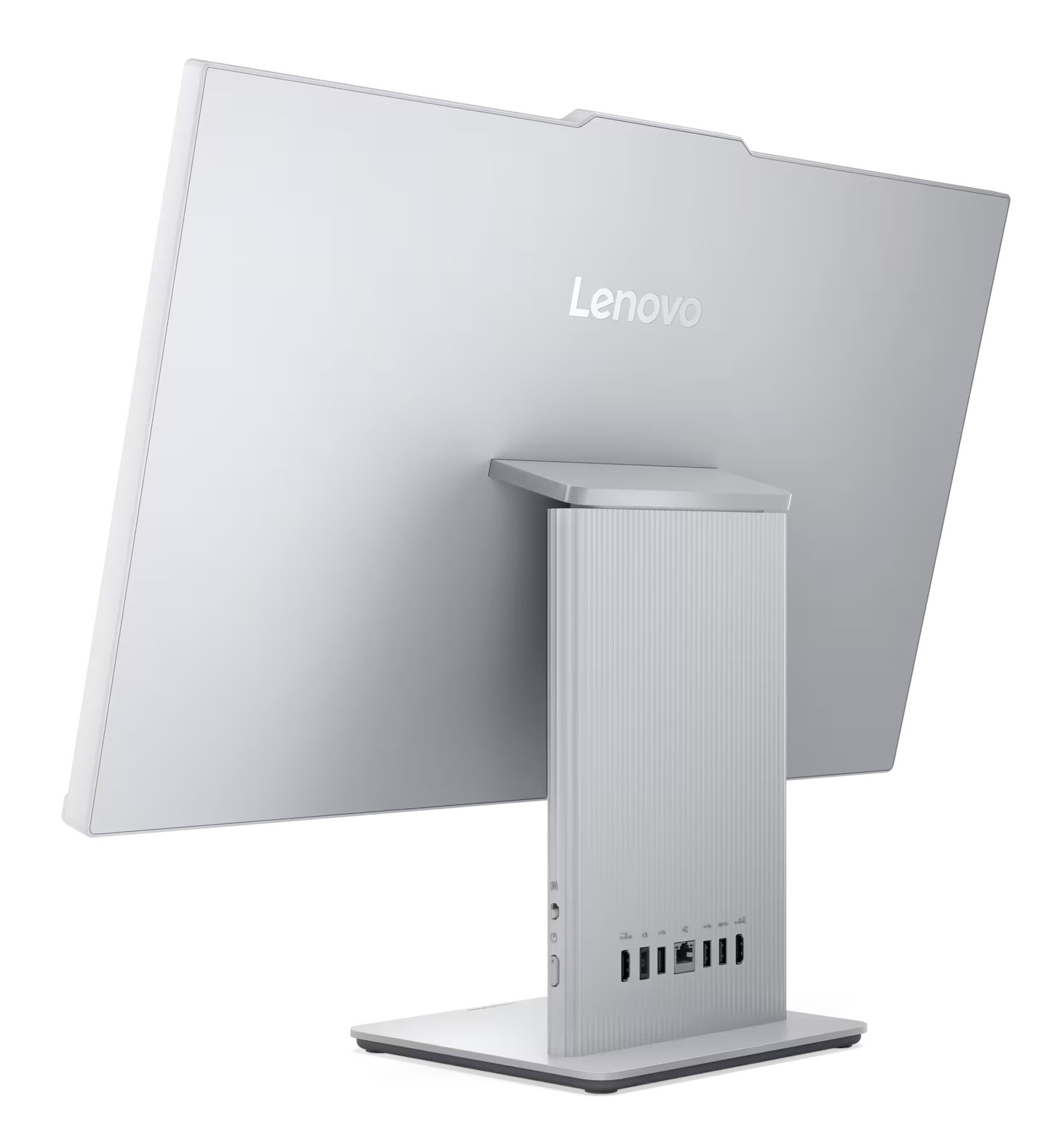 Komputer Lenovo all-in-one, widok z tyłu, srebrny, z portami i podstawą.