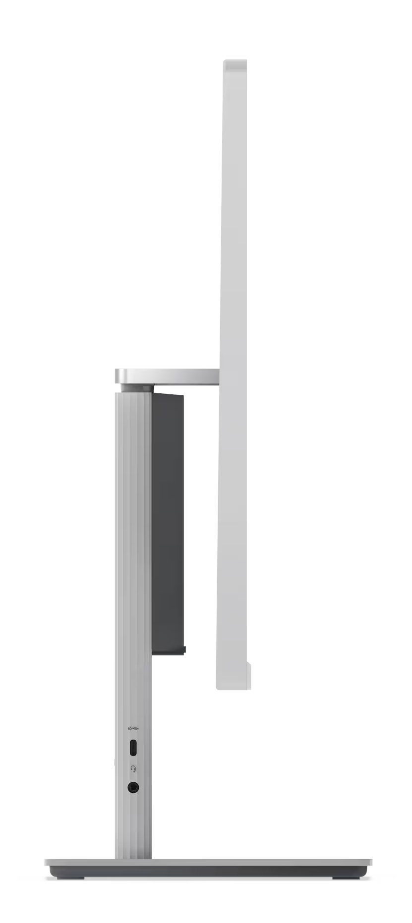 Widok z boku srebrnego monitora komputera ze stojakiem.