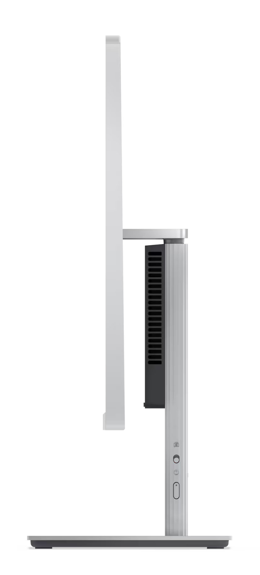 Widok z boku srebrnego monitora komputera. Czarny element jest przymocowany z boku.