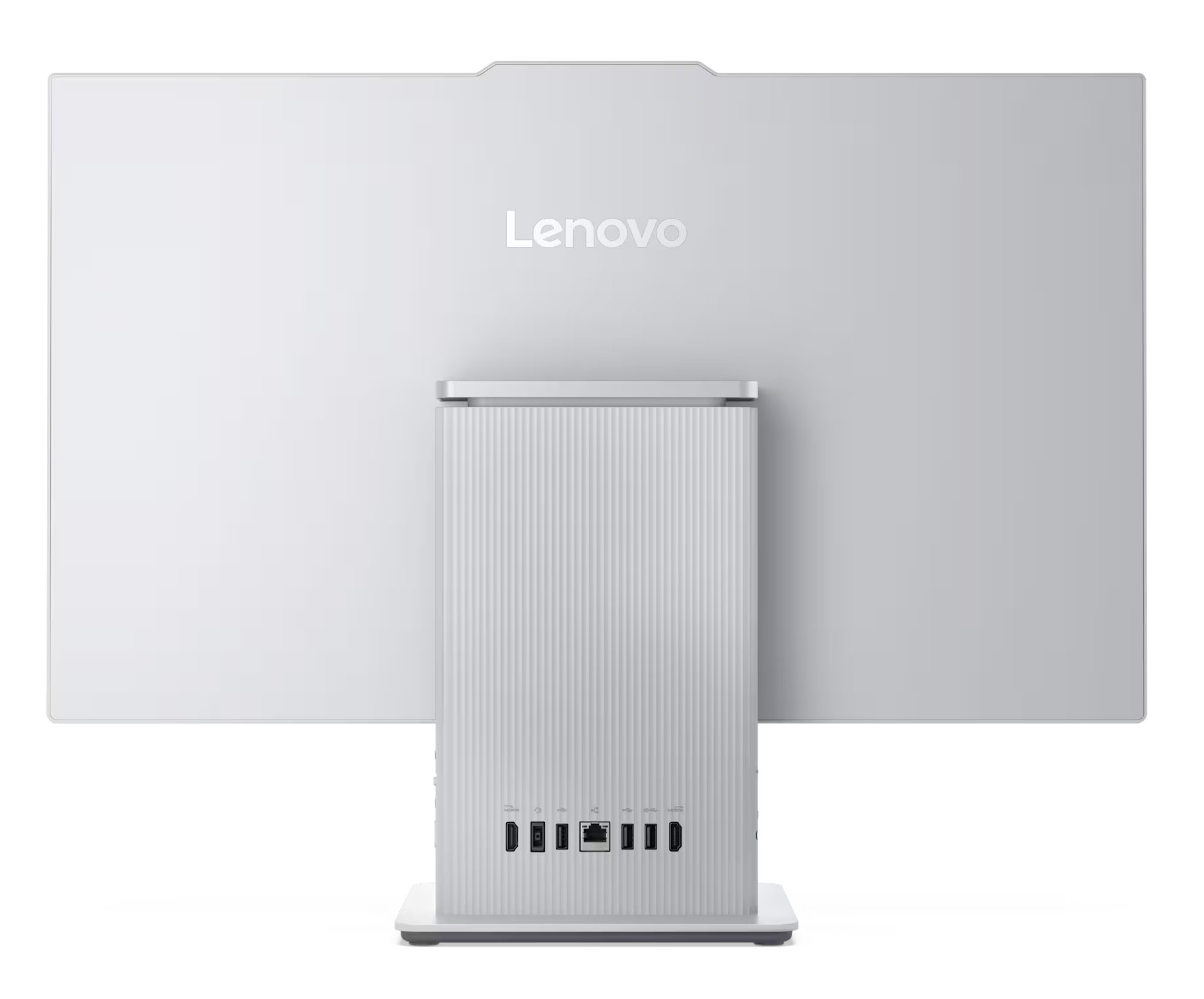 Tył białego komputera Lenovo all-in-one. Ma podstawę i porty na dole.