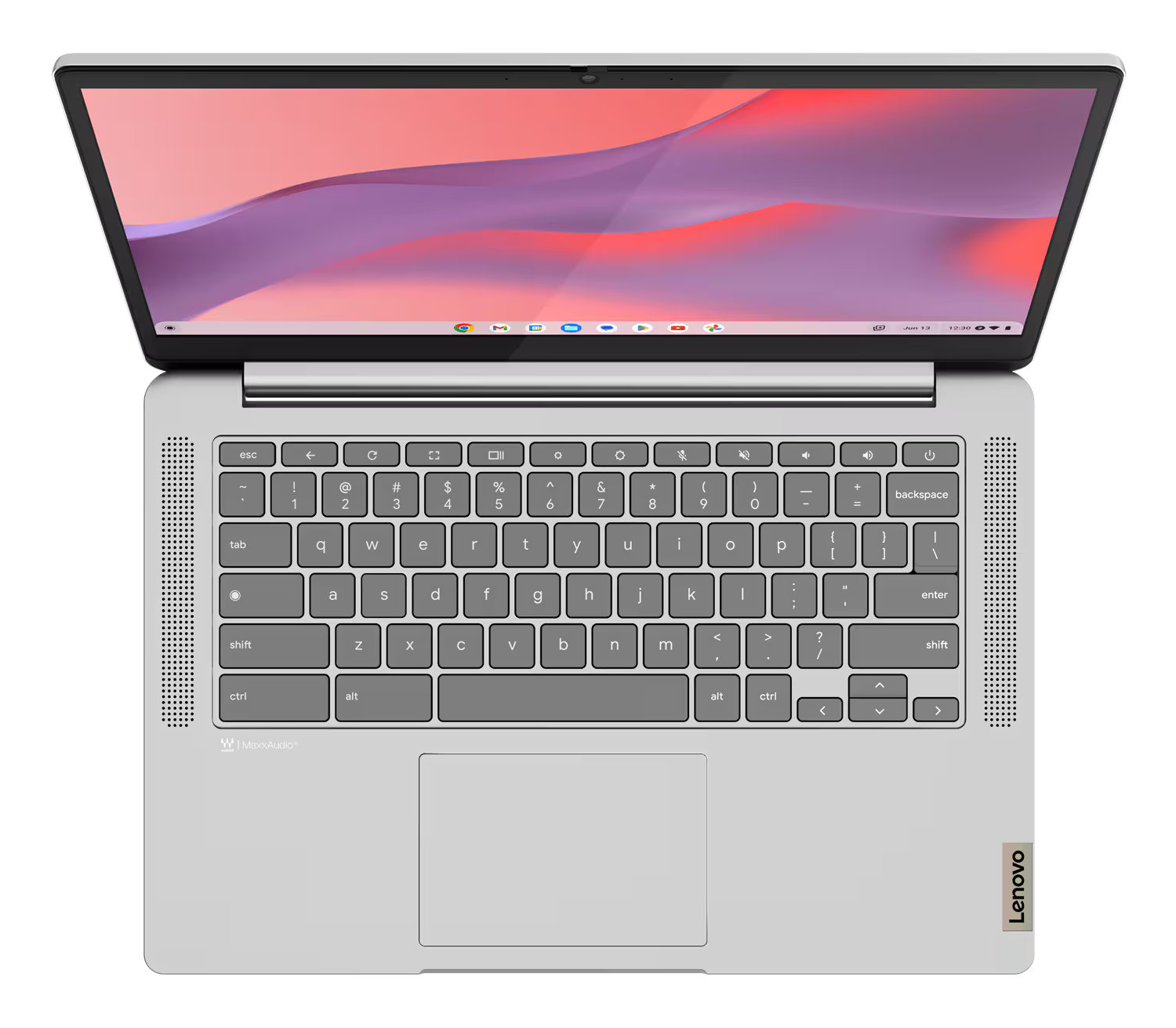 Srebrny laptop, otwarty, z klawiaturą i ekranem pokazującym czerwony i różowy.